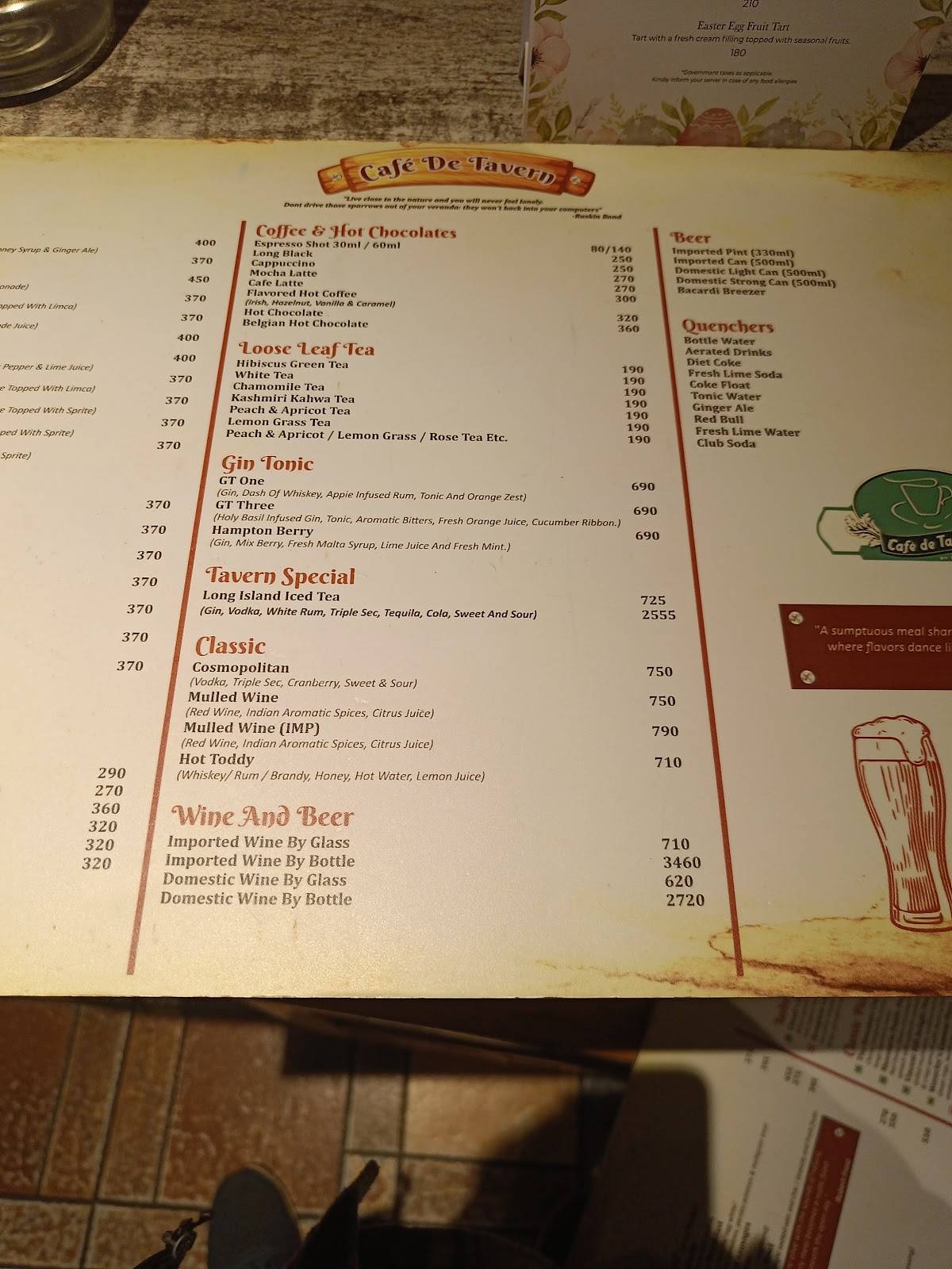 Cafe De Tavern menu