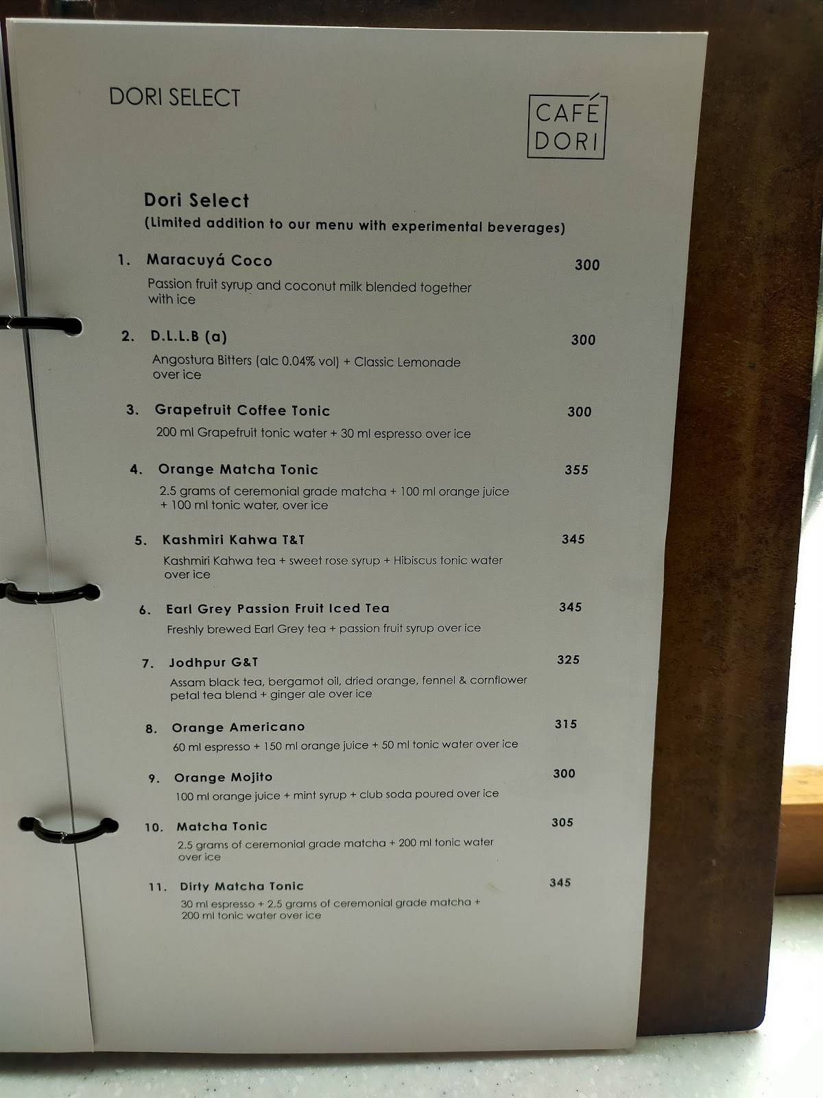 Cafe Dori Gurgaon menu
