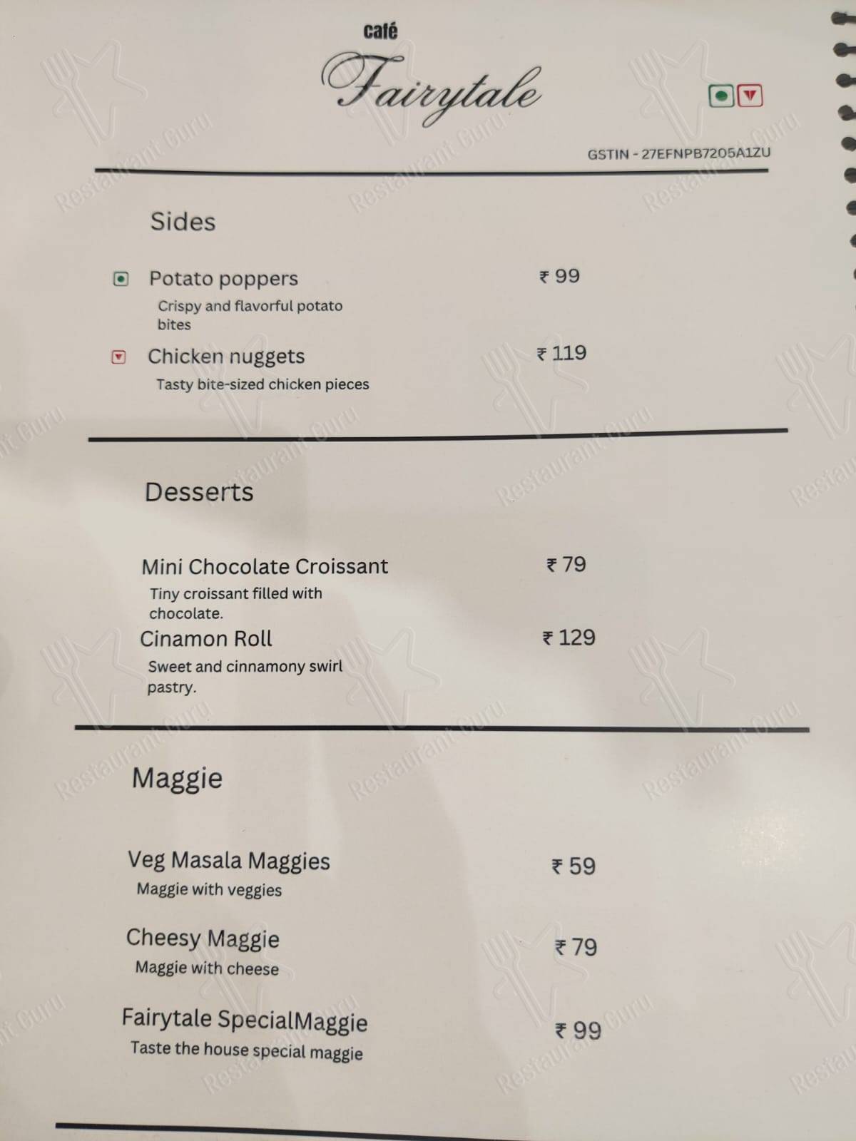 Cafe Fairytale menu - meals and drinks