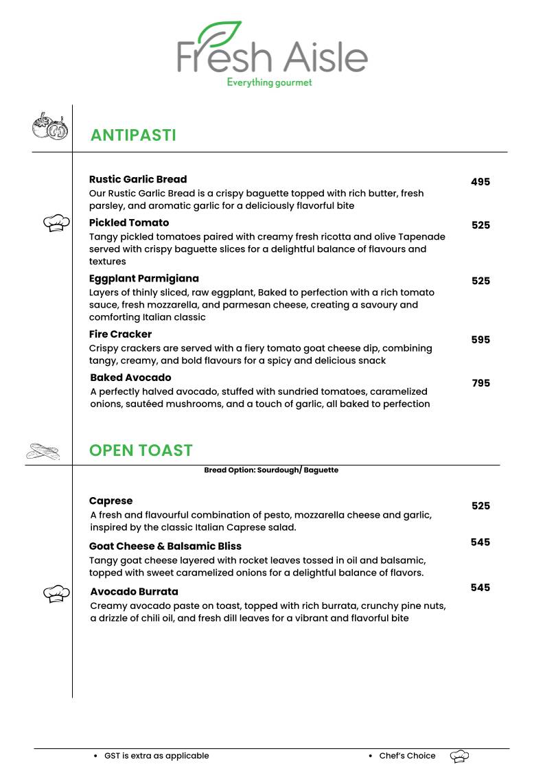 Fresh Aisle Cafe menu