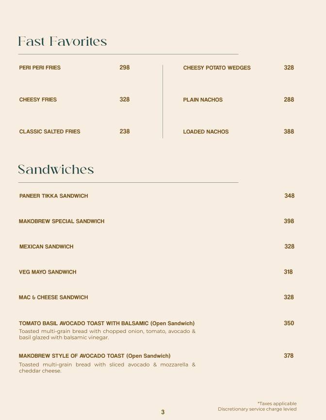 Makobrew Vegetarian Restaurant & Cafe Jubilee Hills menu