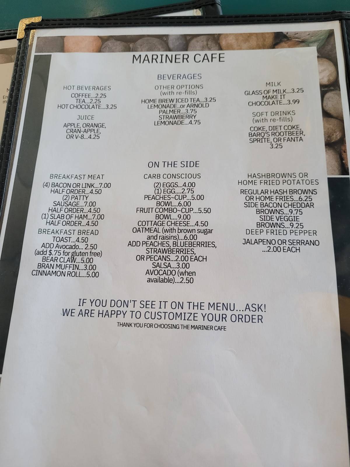 Menu at Mariner Cafe, Sequim, 609 W Washington St