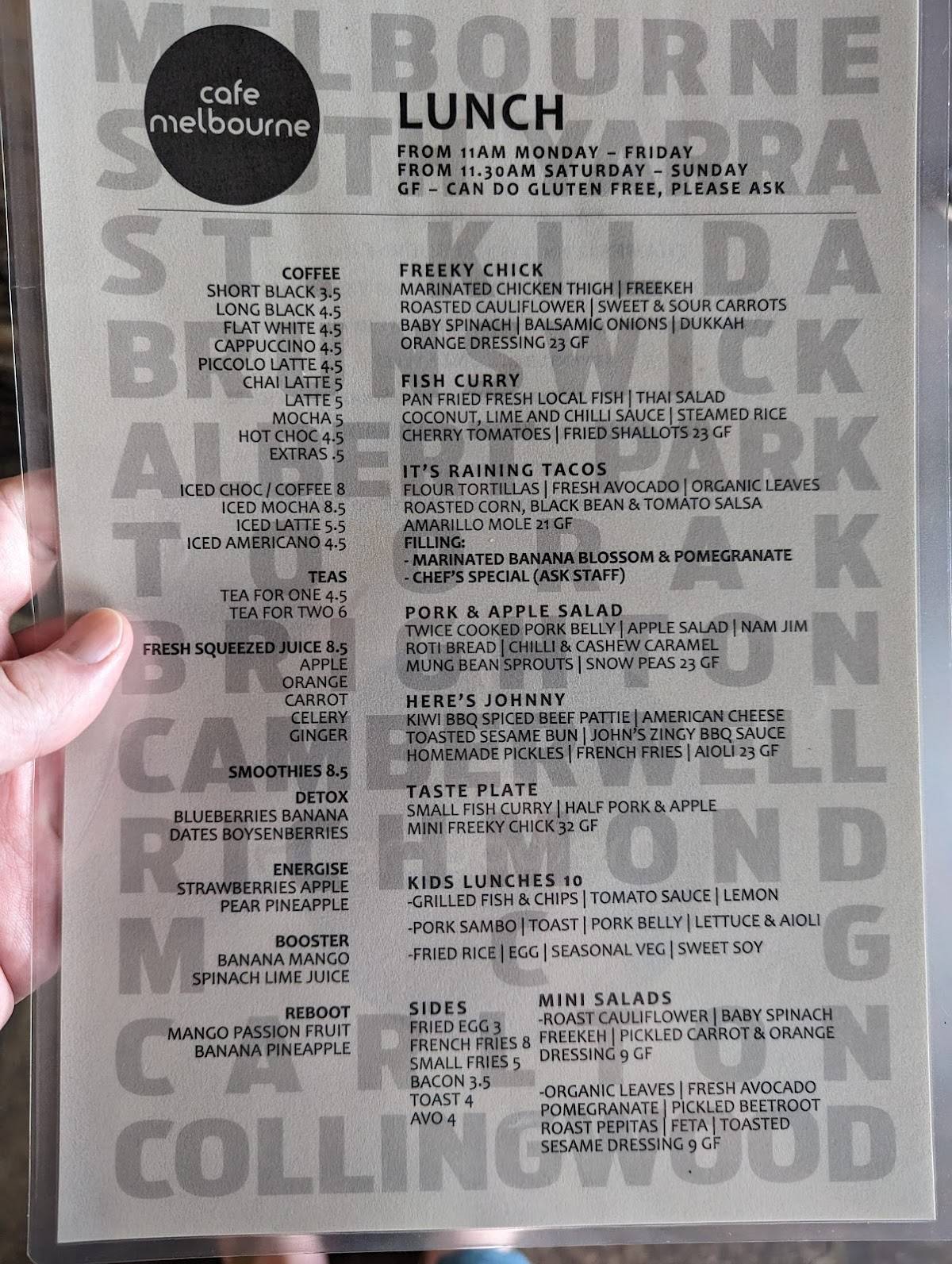 Menu at Cafe Melbourne, Thames