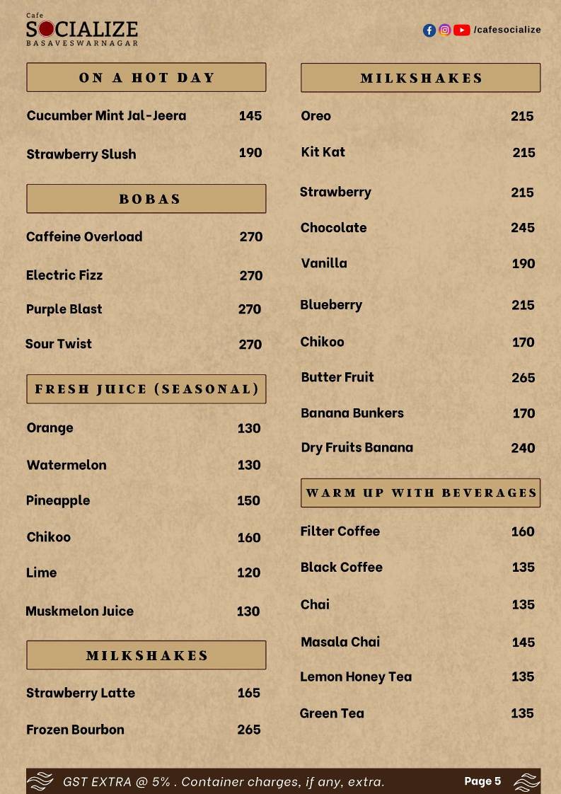 SOCIALIZE menu