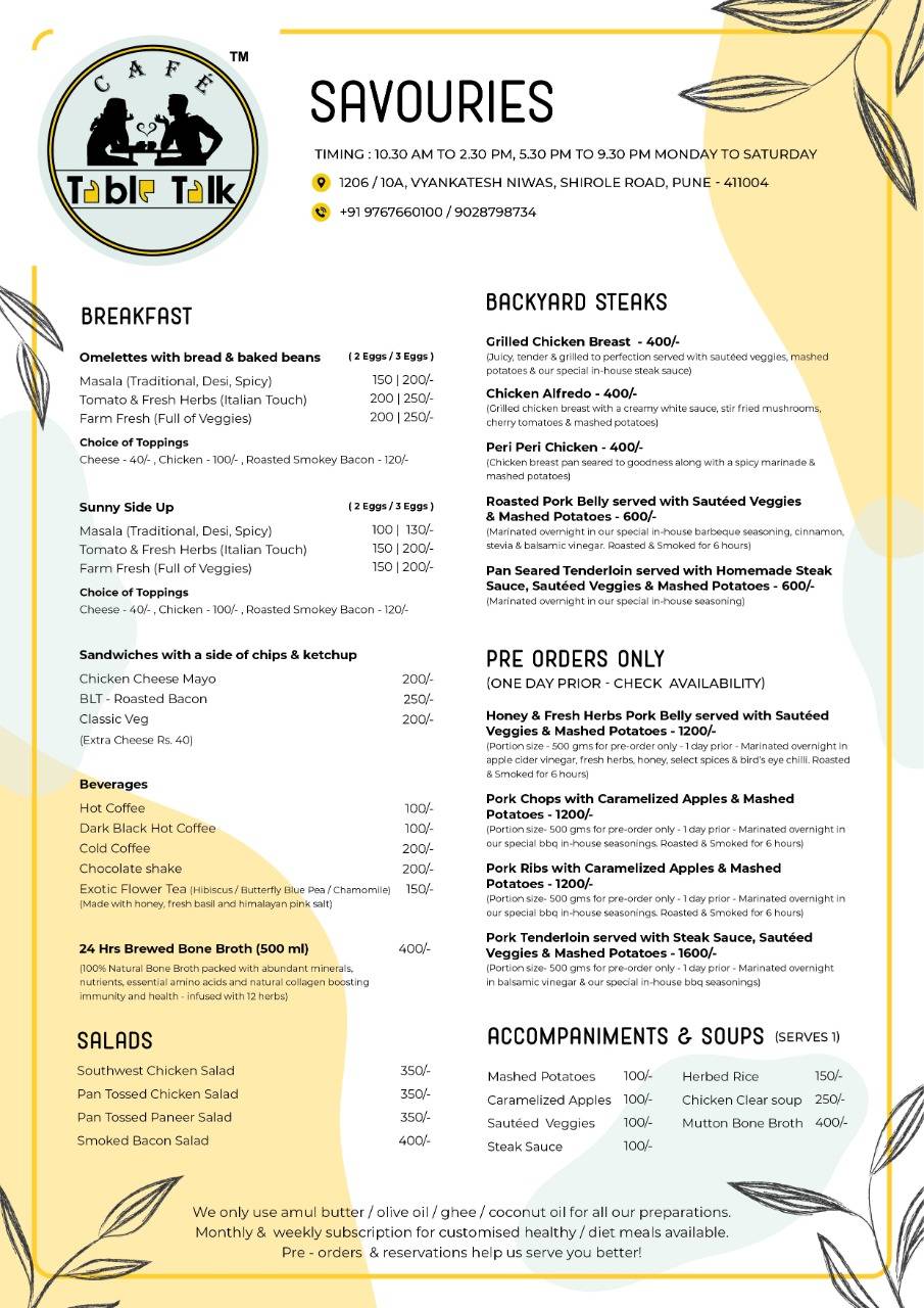 Cafe Table Talk menu