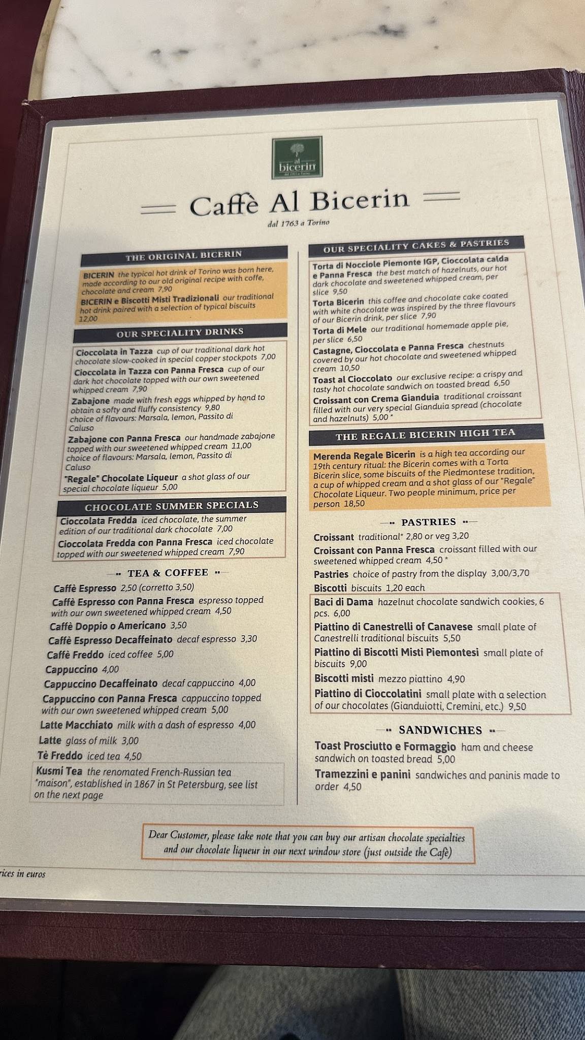 Menu di Caffè Al Bicerin dal 1763 