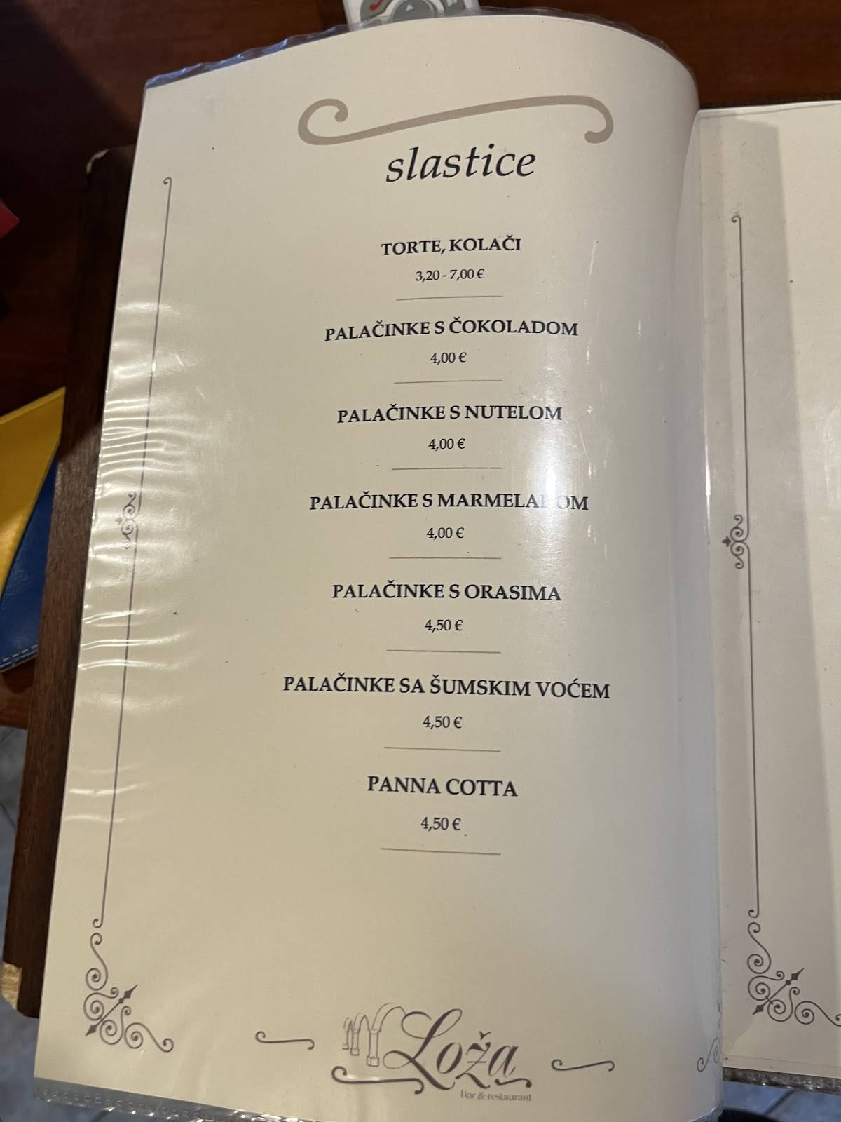 Menu di Caffe bar Loža 