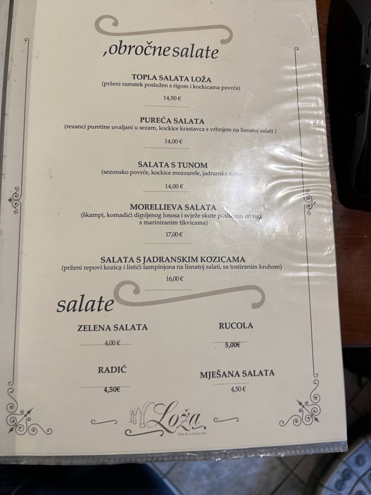 Menu di Caffe bar Loža 