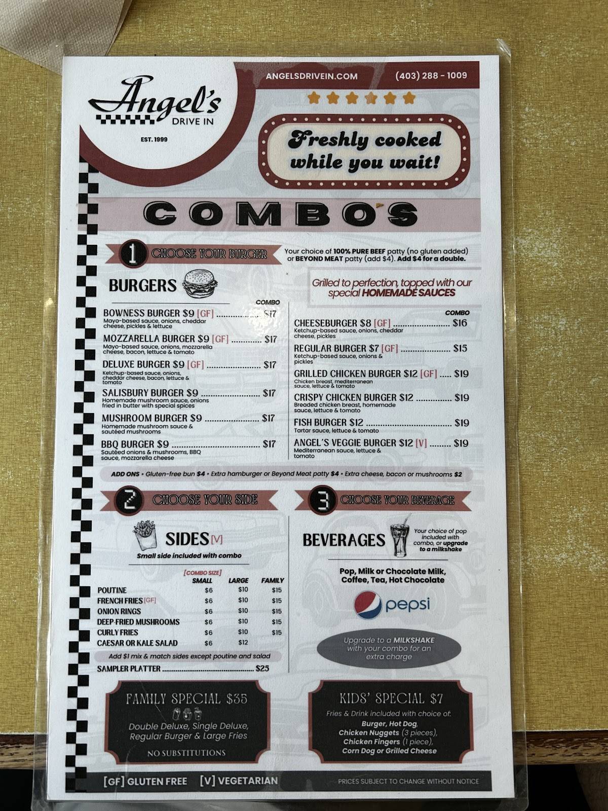Menu de Angel's Drive In