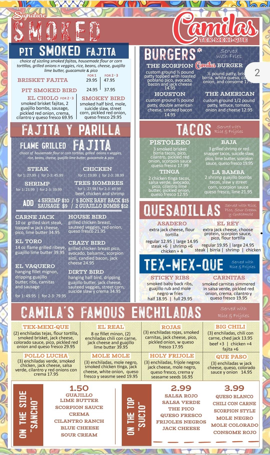 Menu at Camila's Tex-Mexi-Que pub & bar, Conroe