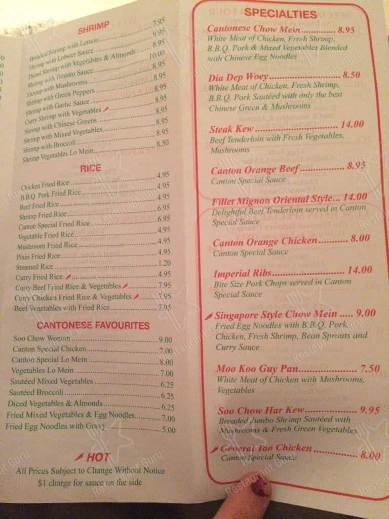 Menu at Canton Chinese Food TakeOut restaurant, Brantford