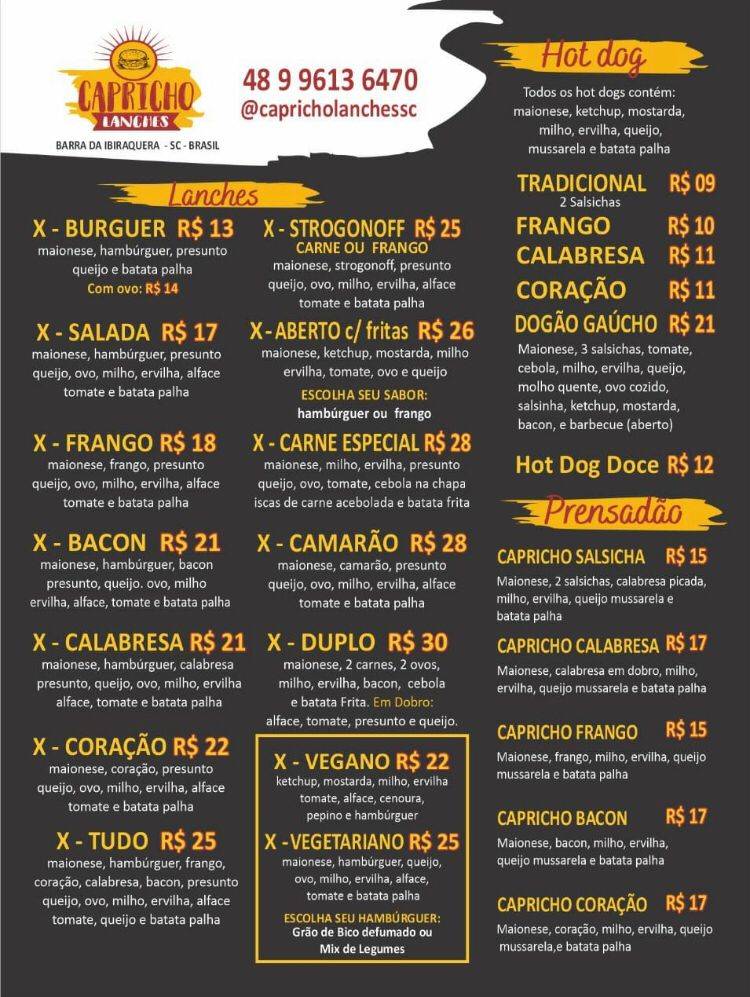 Capricho Lanches cardápio