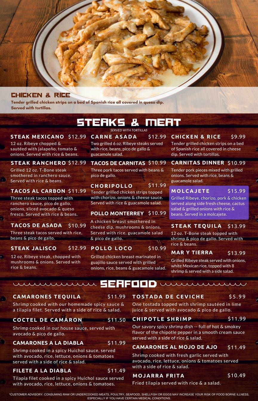 Menu at Casa Tequila Tiffin restaurant, Tiffin