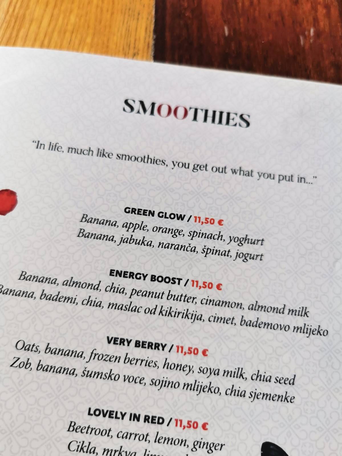 Menu di Central Park Club, Hvar 