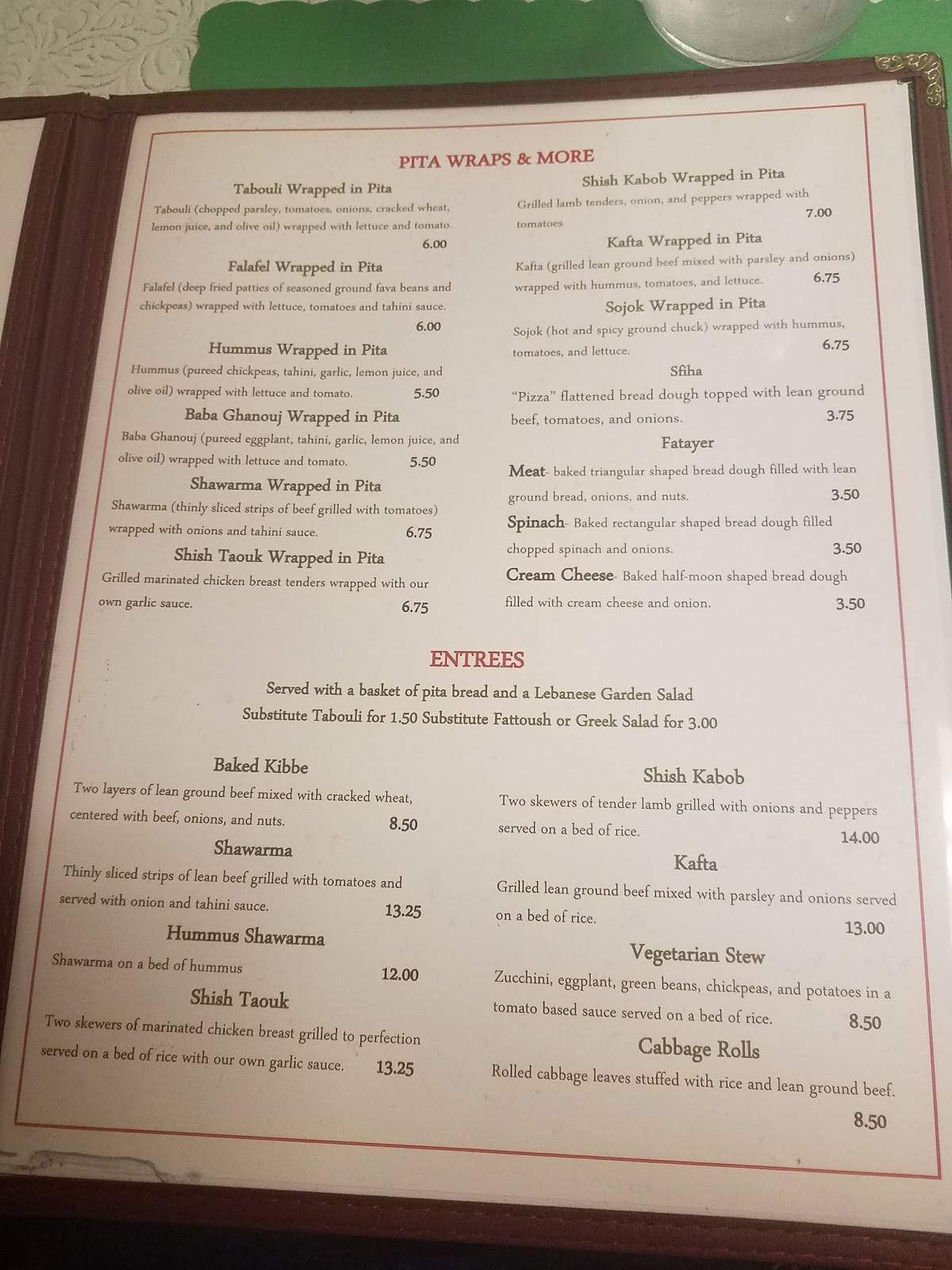 Menu at Chams Lebanese Cuisine restaurant, Parkersburg