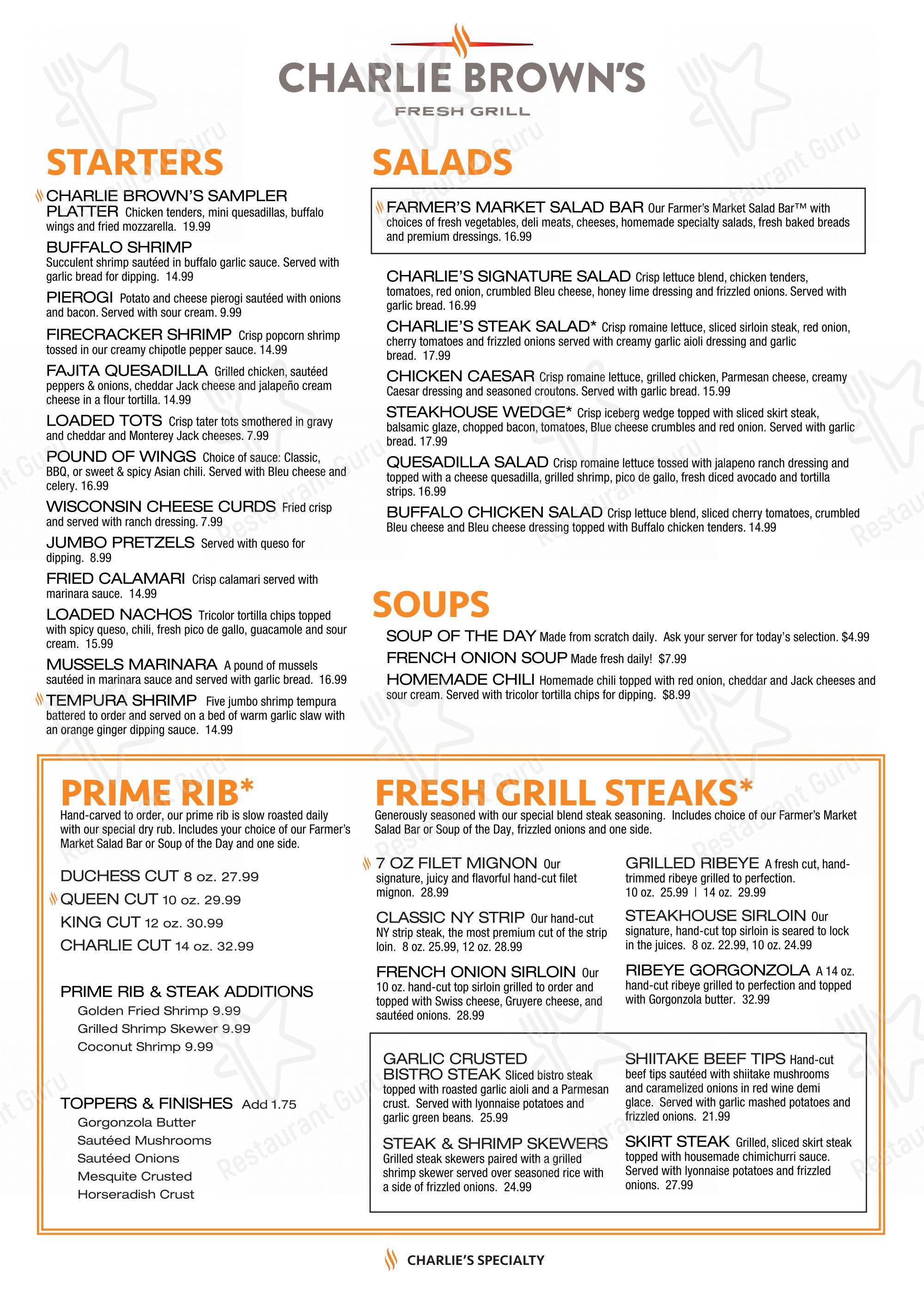 Menu at Charlie Brown's Fresh Grill steakhouse, Scotch Plains