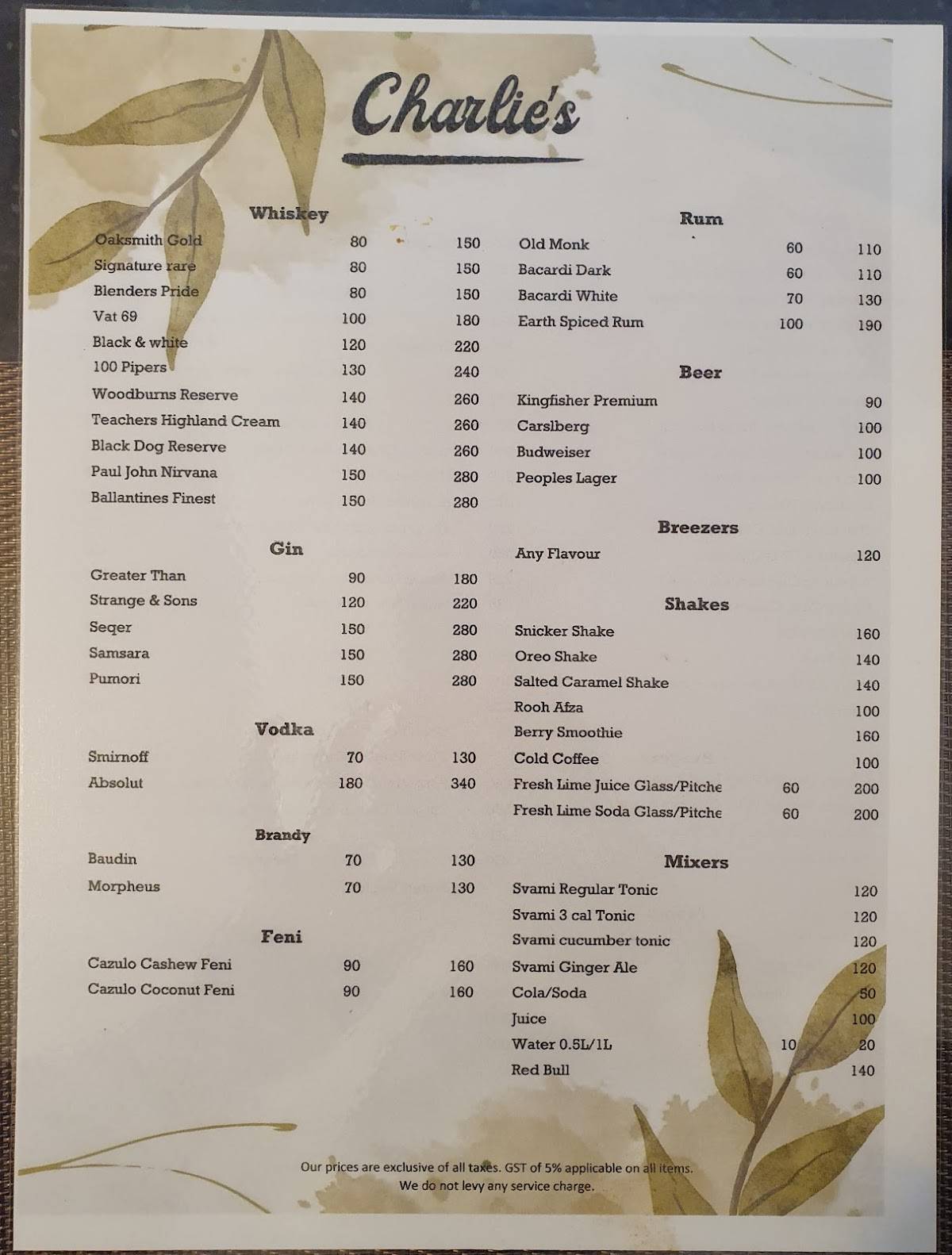 Menu at Charlie's Bar and Restaurant, Aldona