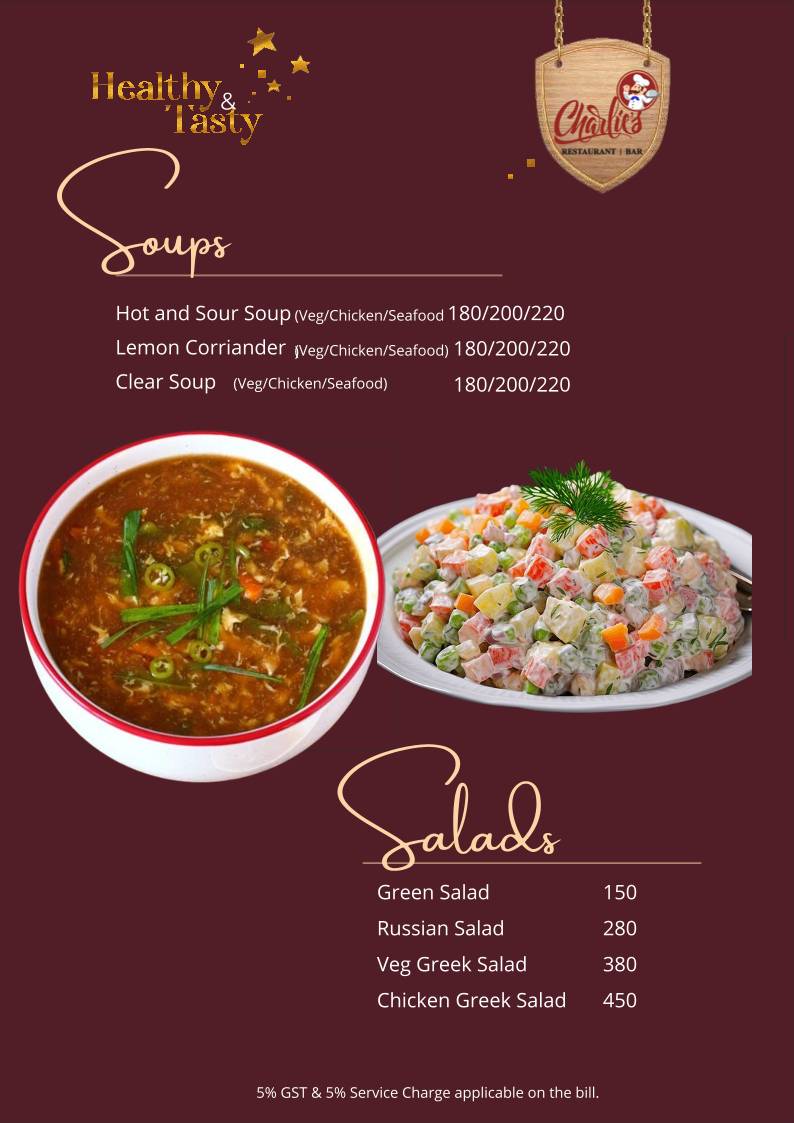 Charlie's Restaurant and Bar Restaurant in Vagator menu