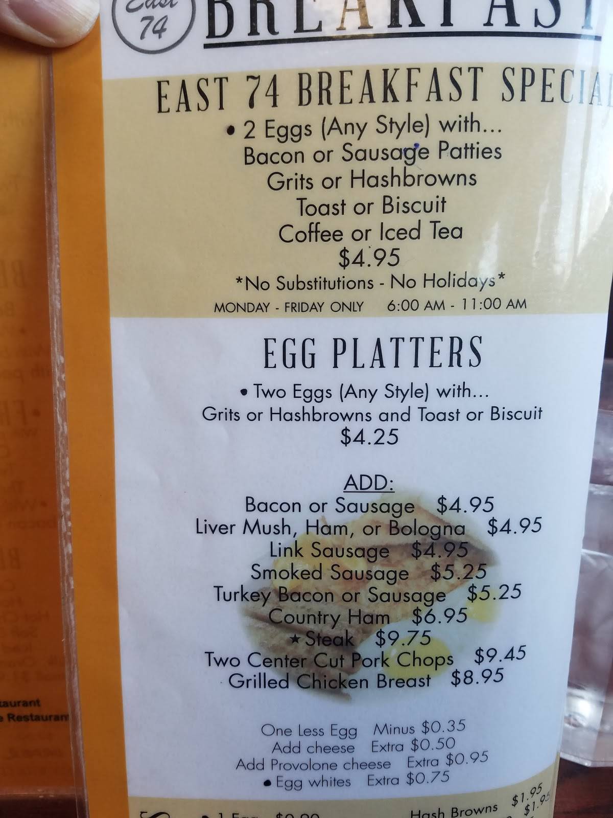 Menu at East 74 Restaurant, Matthews, Monroe Rd