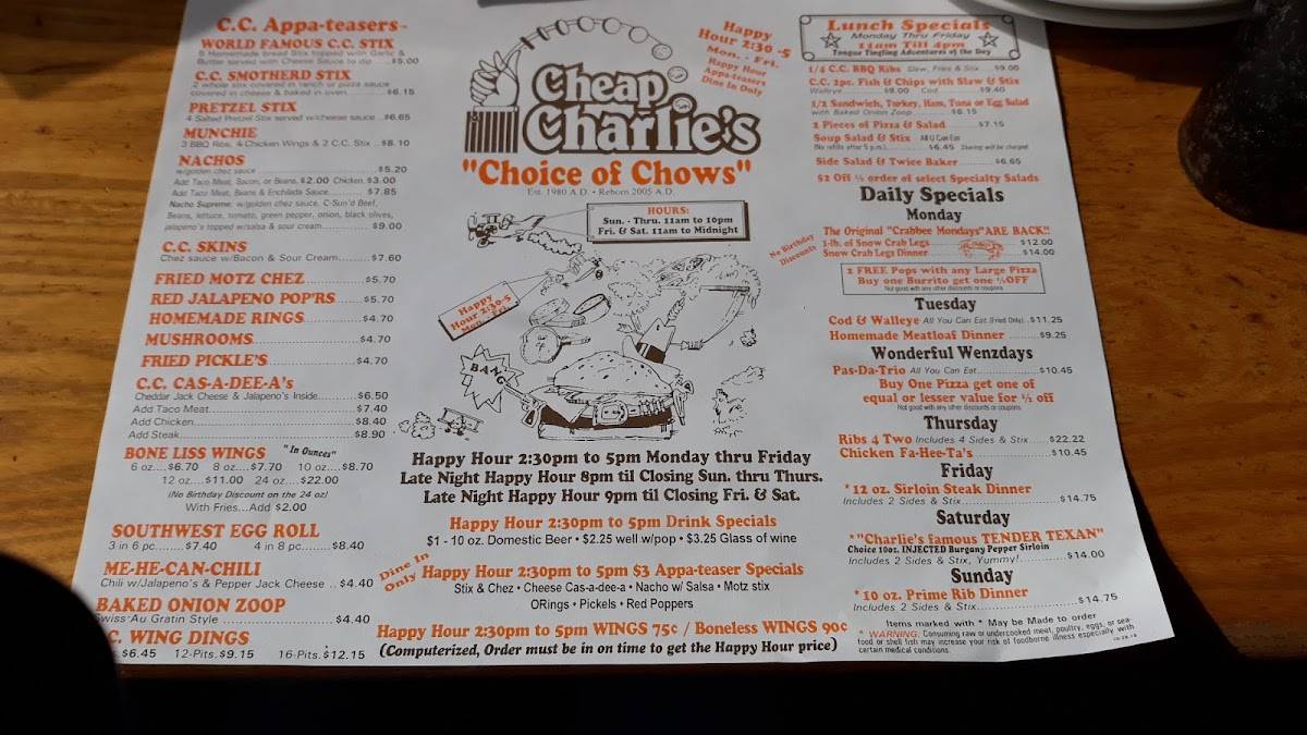Menu at Cheap Charlie's steakhouse, Fort Gratiot Township