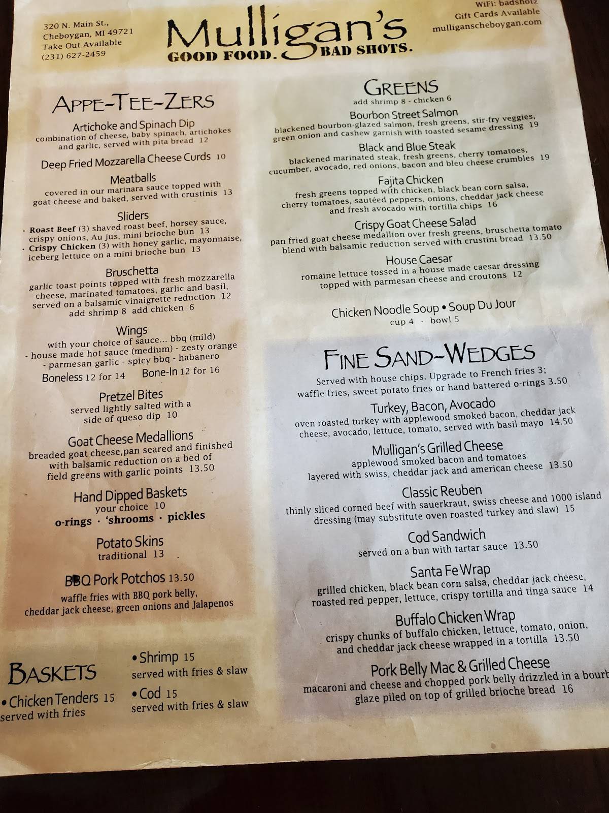 Menu at Mulligan's Restaurant, Cheboygan