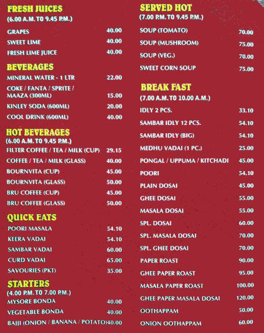 Anandam Restaurant menu