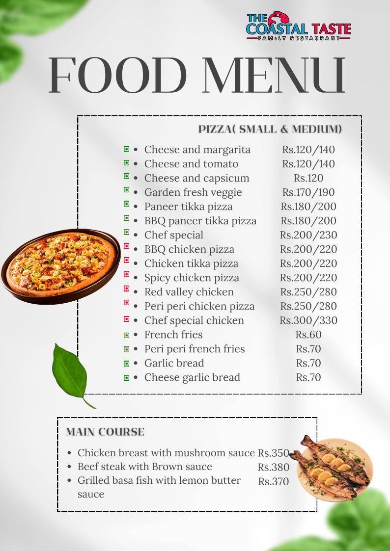 The Coastal Taste Family Restaurant menu