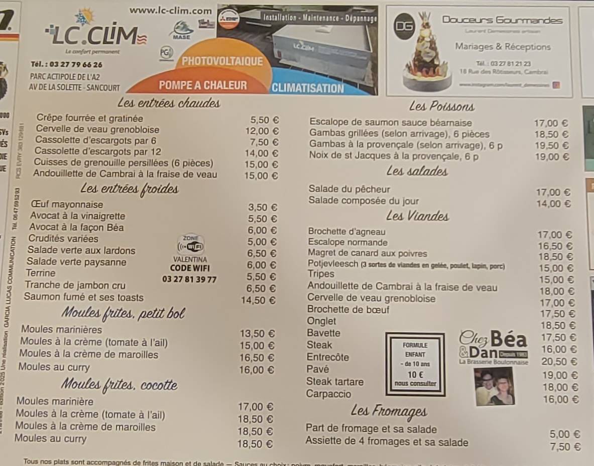 Menu de Chez Béa & Dan