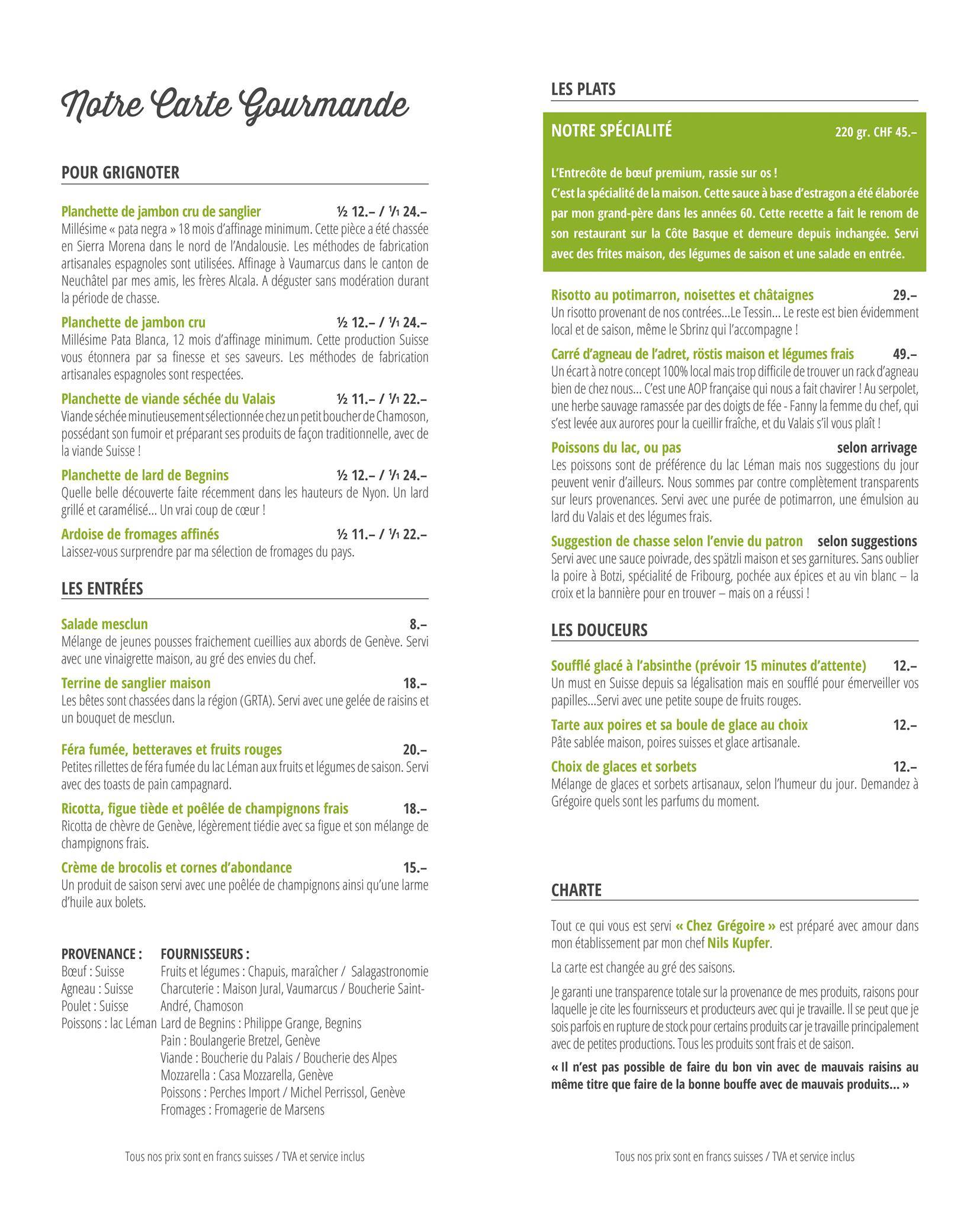 Menu di Chez Grégoire 