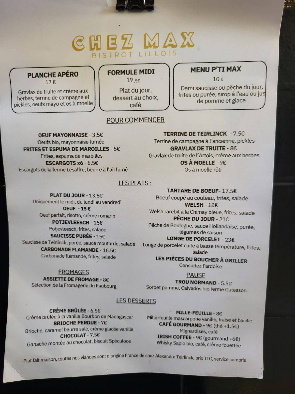 Menu de Chez Max Bistrot Lillois
