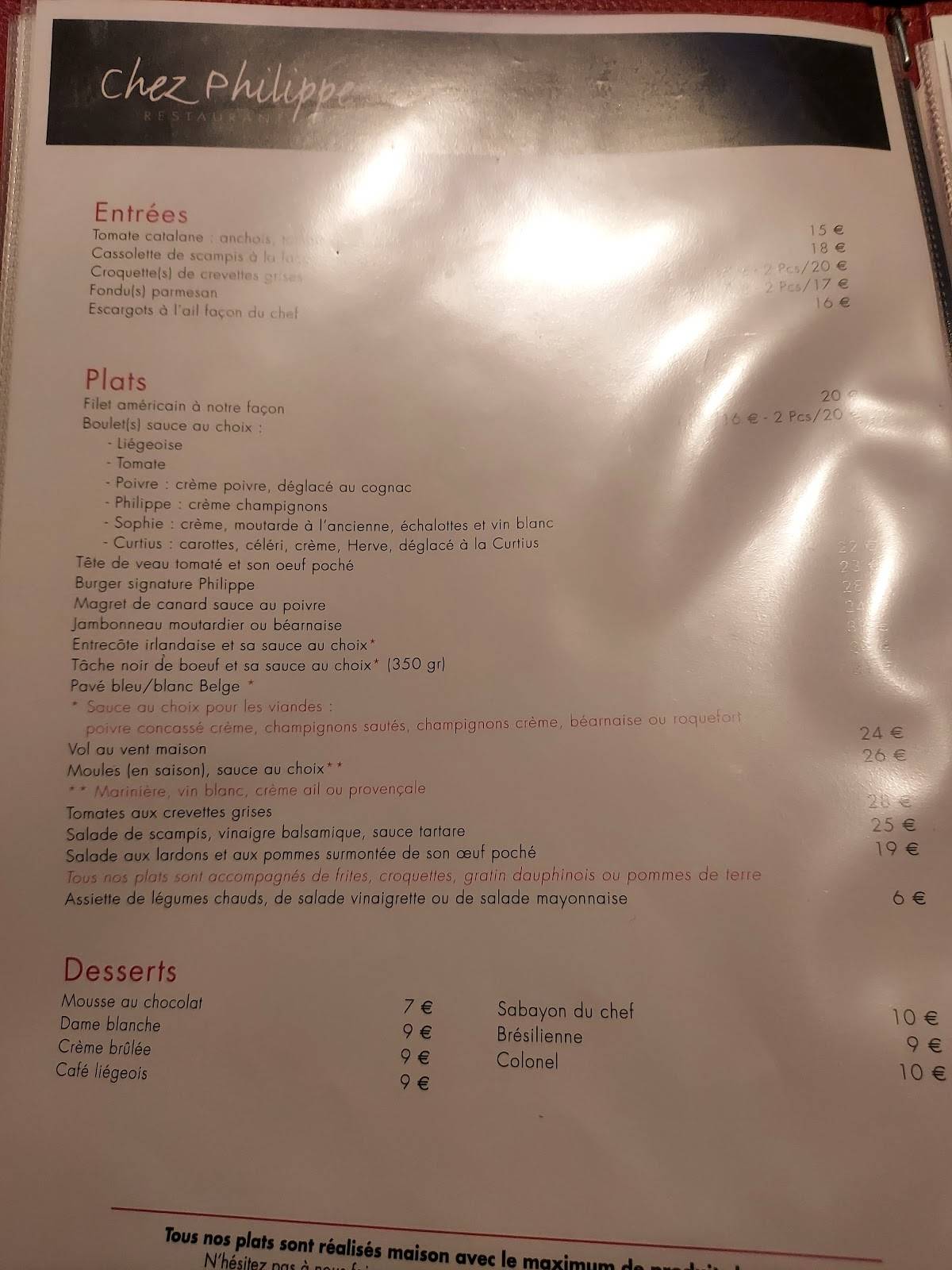 Menu de Chez Philippe