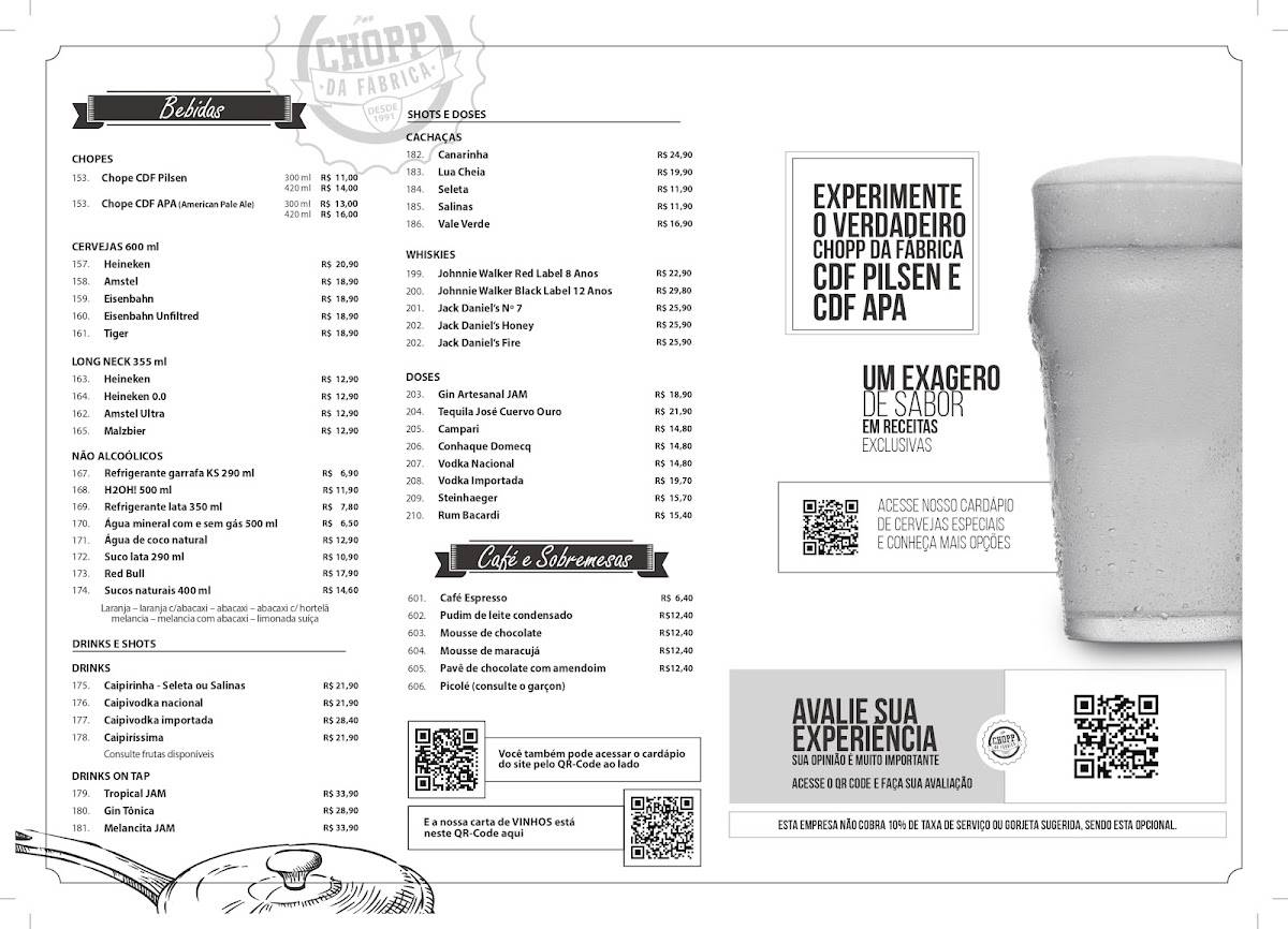 Chopp da Fábrica Pampulha cardápio