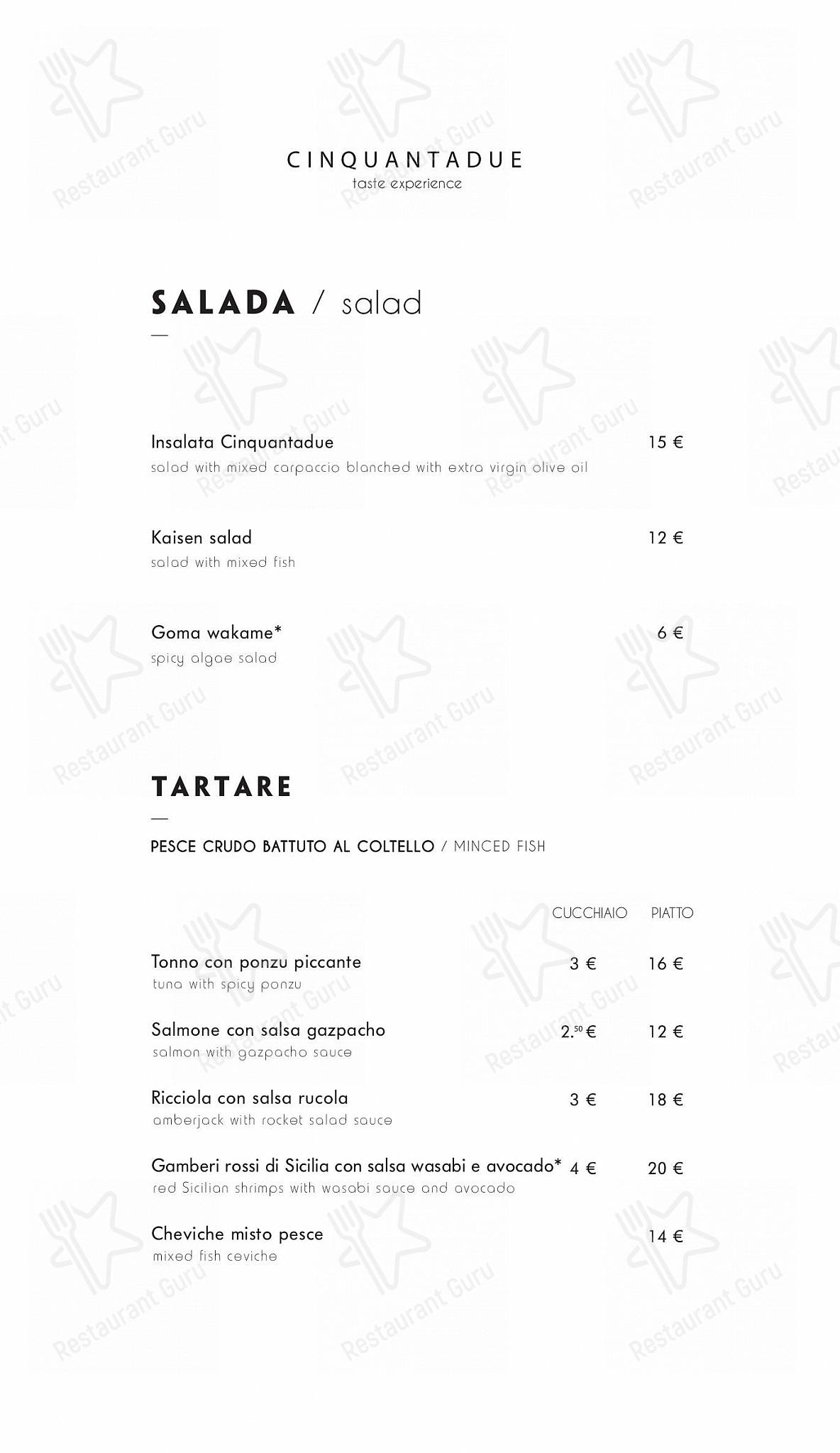 Menu per Cinquantadue Milano ristorante
