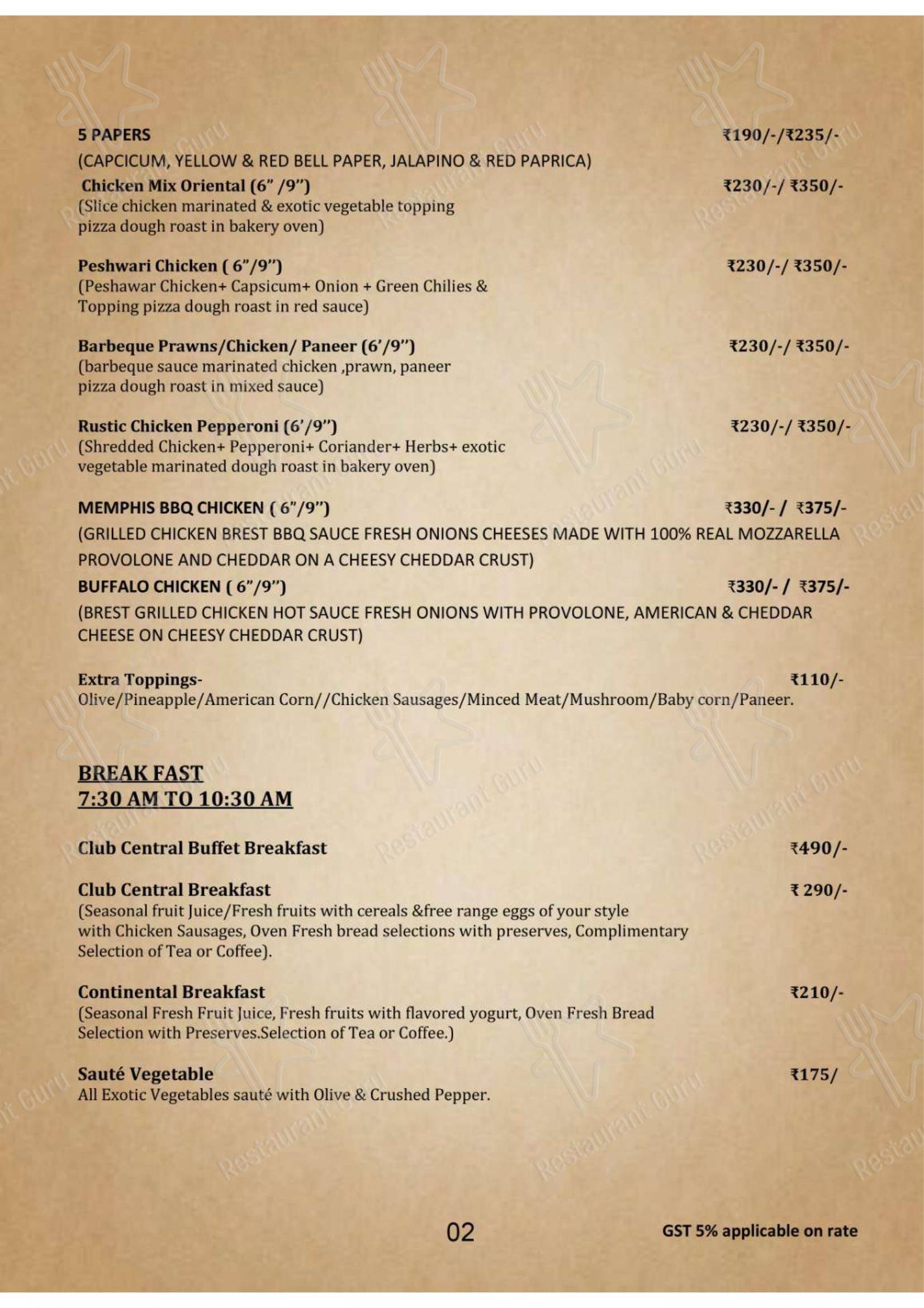 Menu for the Club Central Hotel Hotel in Bolpur Wedding Banquet Hall in Bolpur Corporate Meets Multi Cuisine Restaurant in Bolpur restaurant