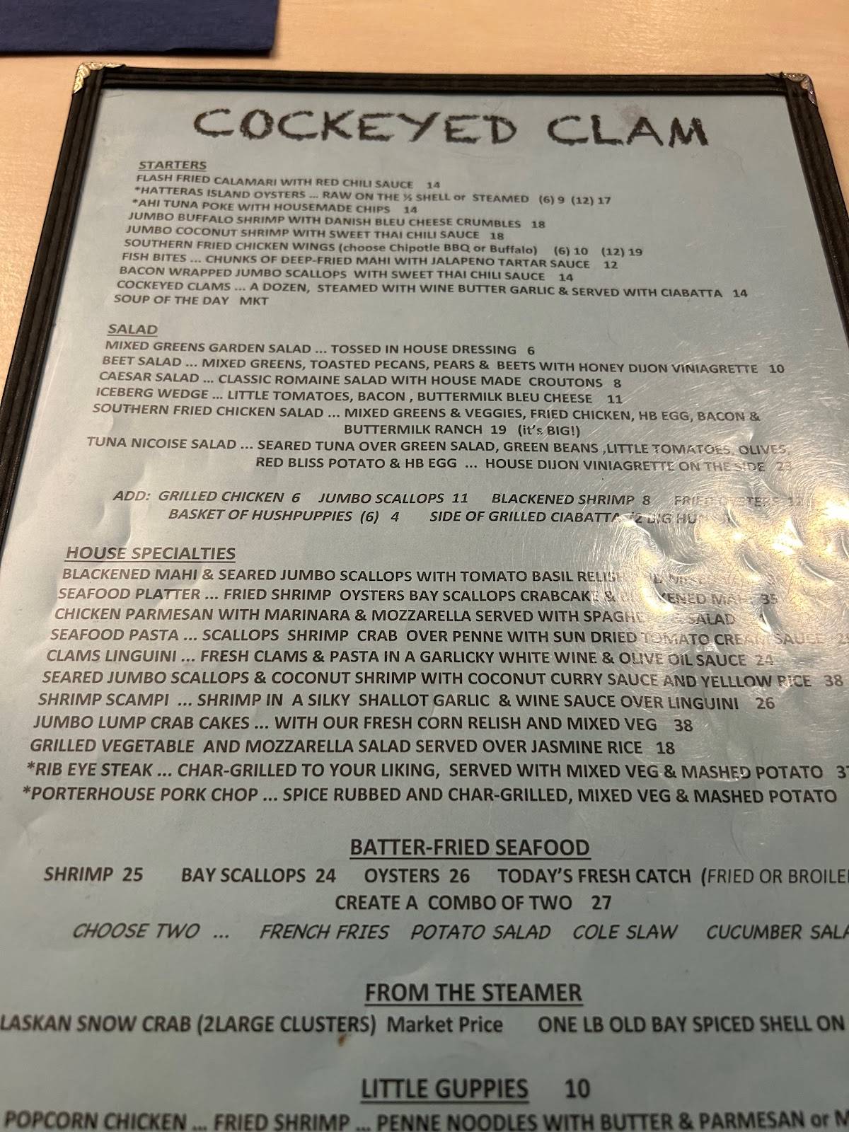 Cockeyed Clam Restaurant Menu - 9866b3z