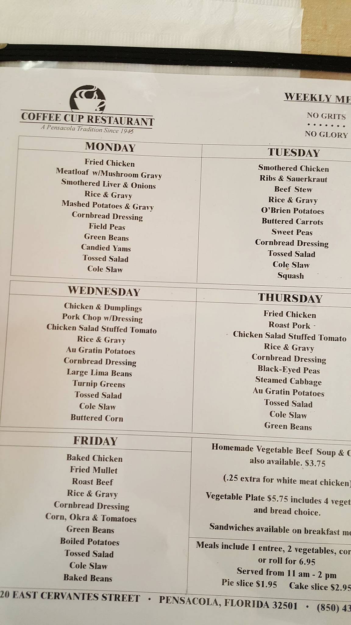 Menu at Coffee Cup Restaurant, Pensacola