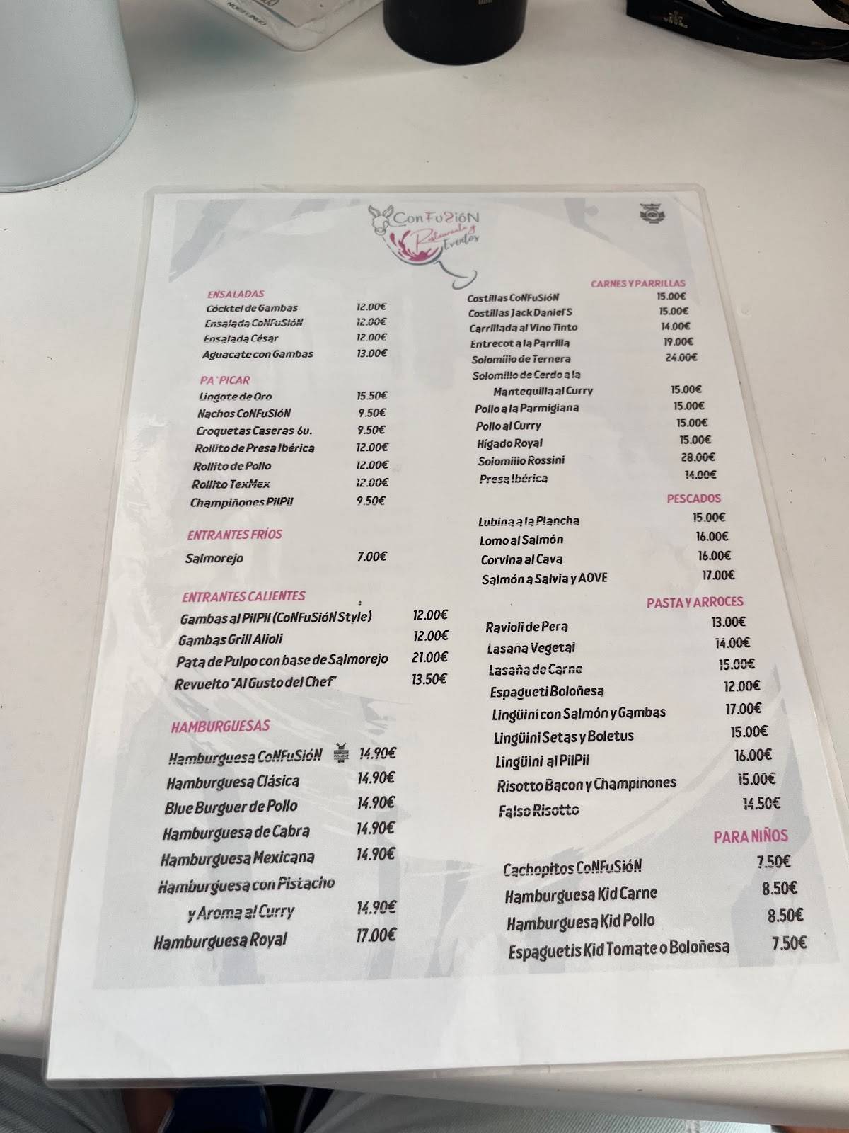 Menu at Confusión restaurant, Las Lagunas de Mijas