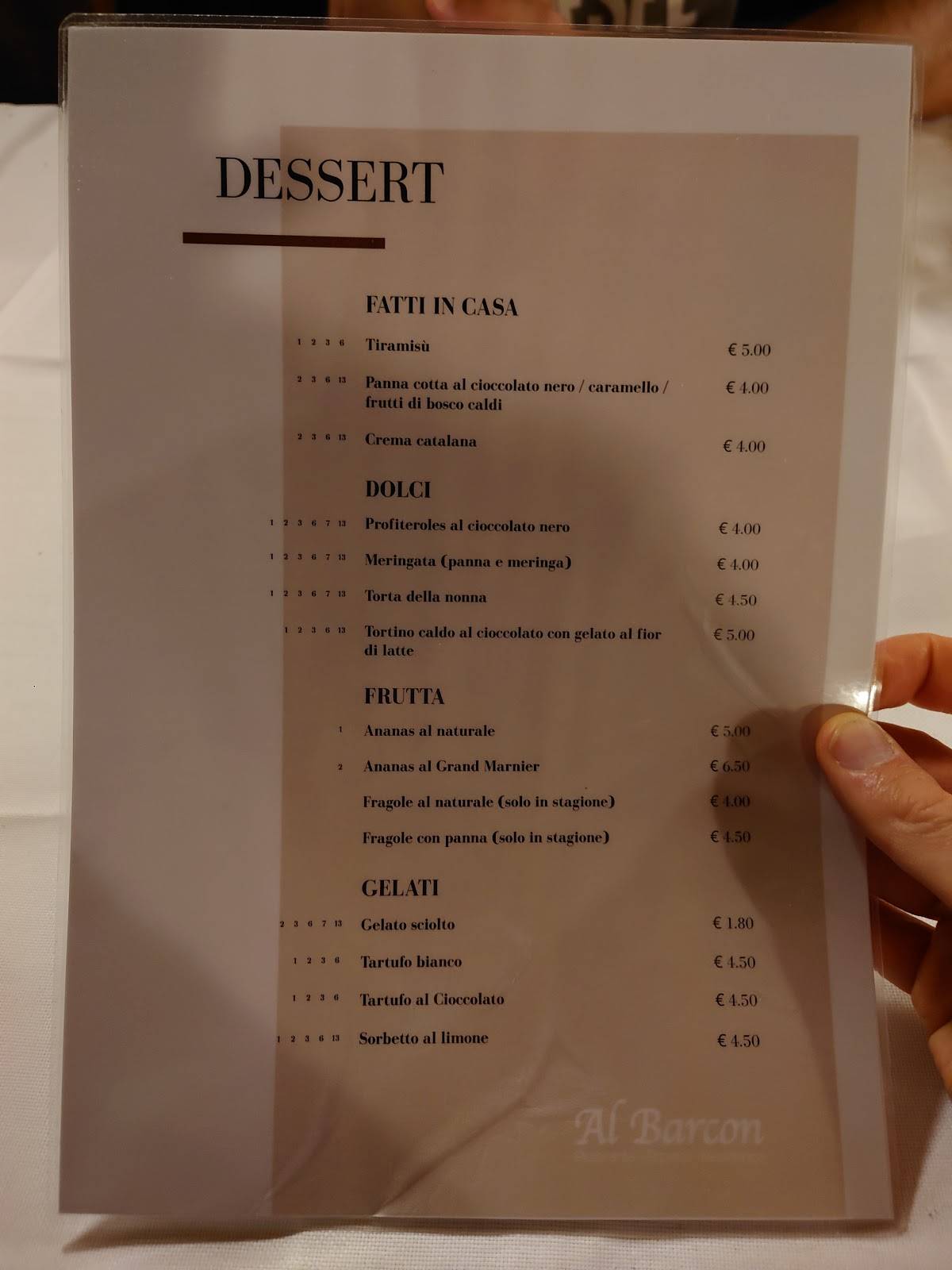 Menu di Al Barcon Ristorante-pizzeria e Residence 