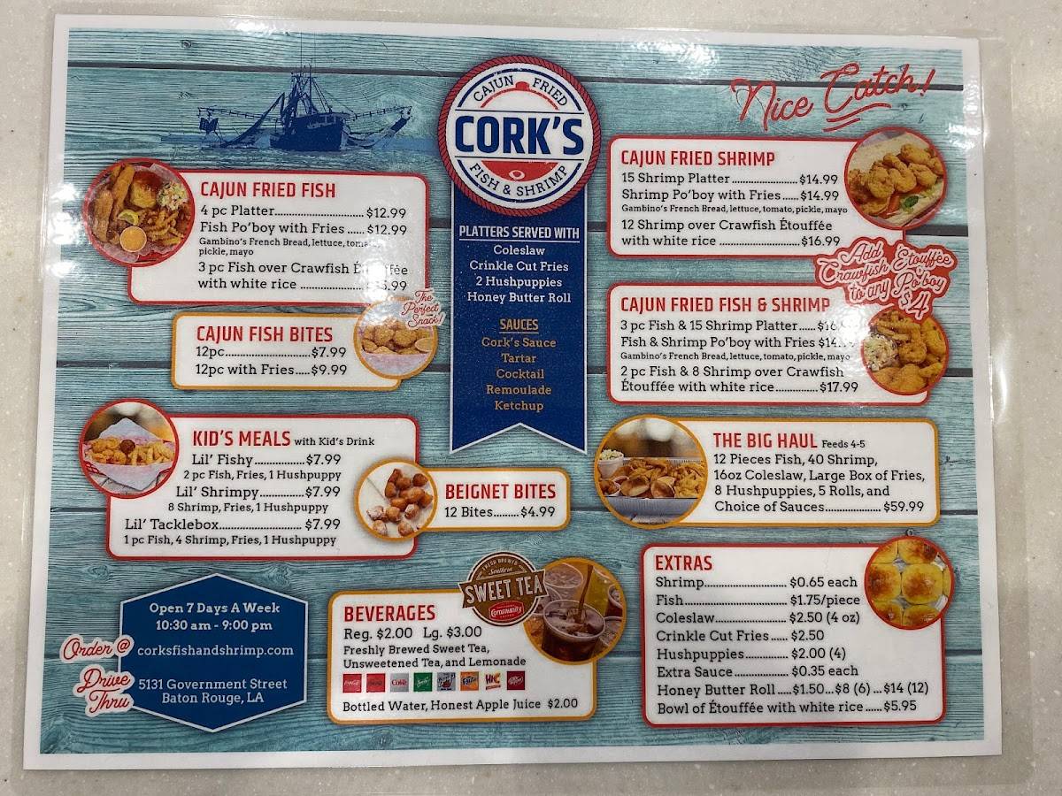 Menu at Cork's Cajun Fried Fish & Shrimp restaurant, Baton Rouge