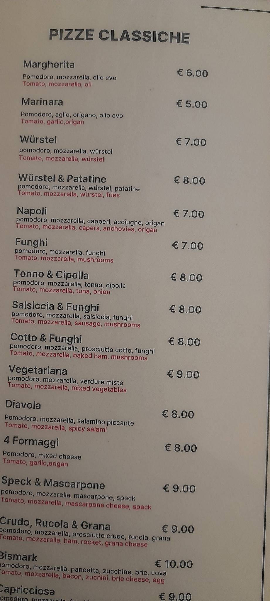 Menu di Pizzeria la capitana. 
