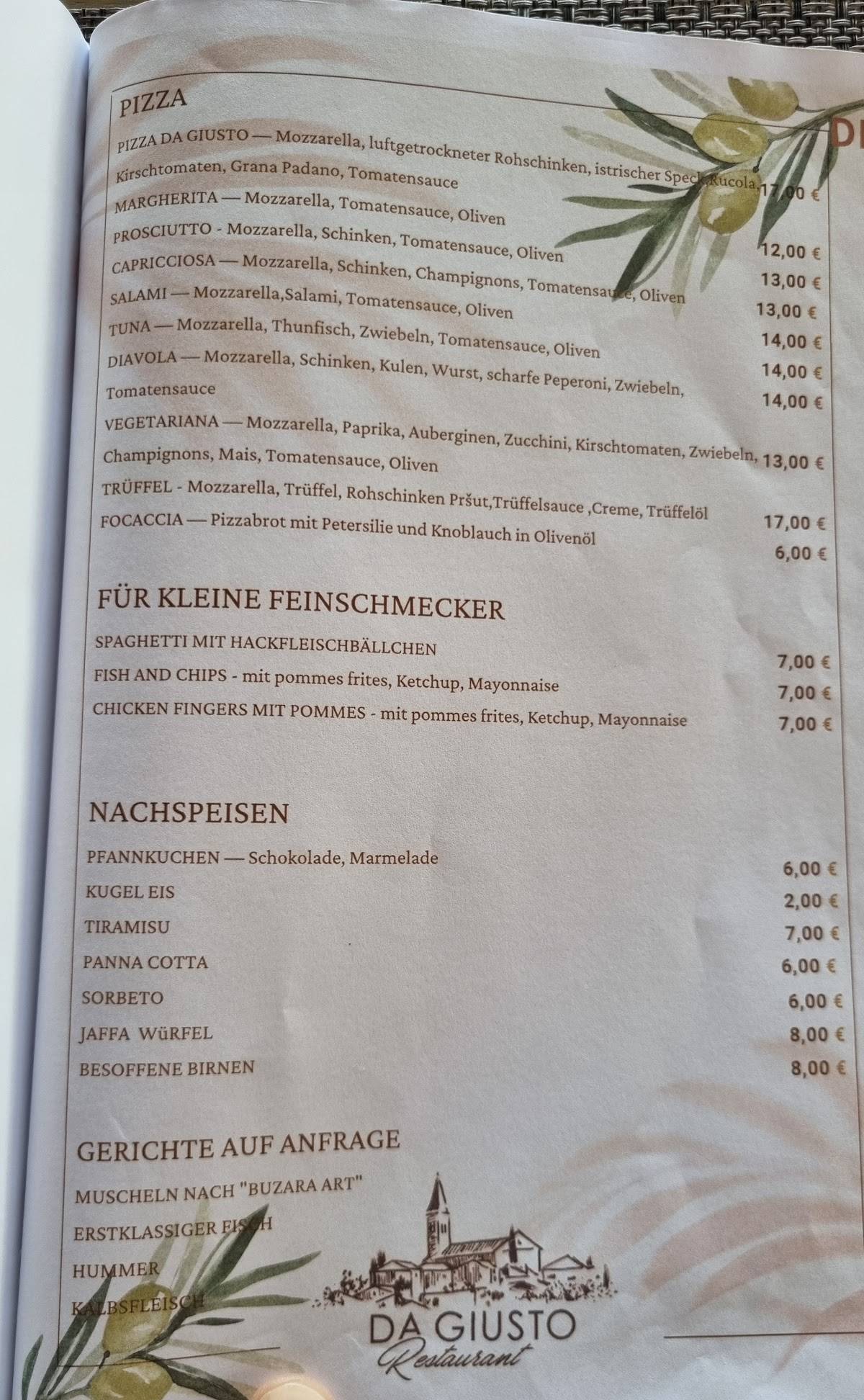 Menu di Da Giusto Restaurant 