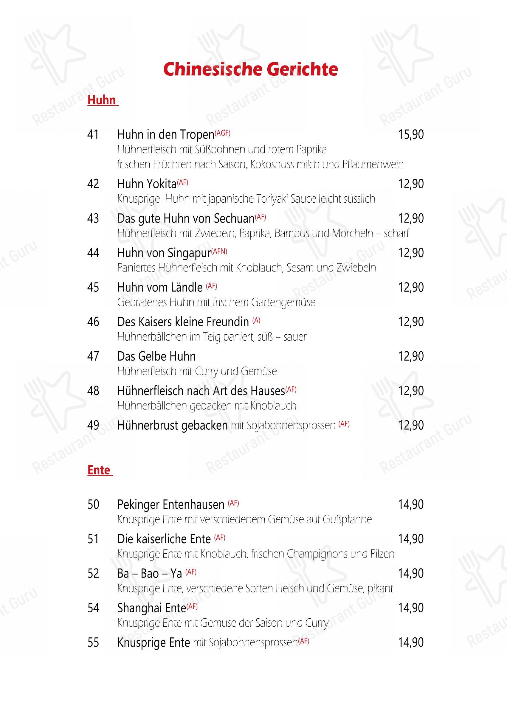Menu pour Da Yang - repas et boissons