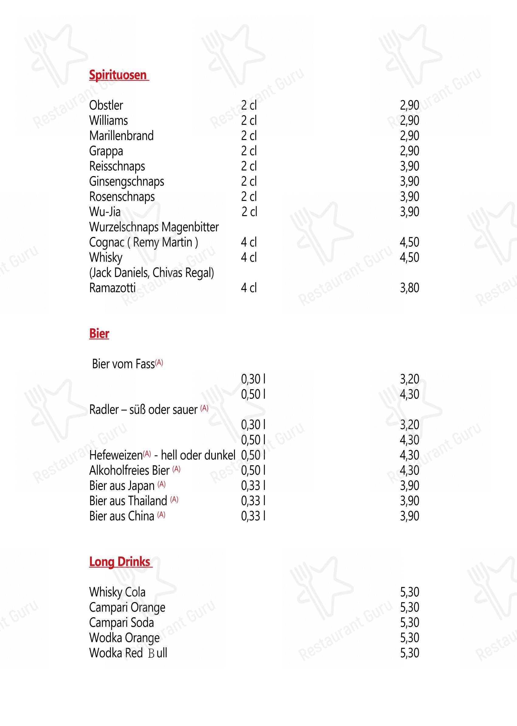 Menu pour Da Yang