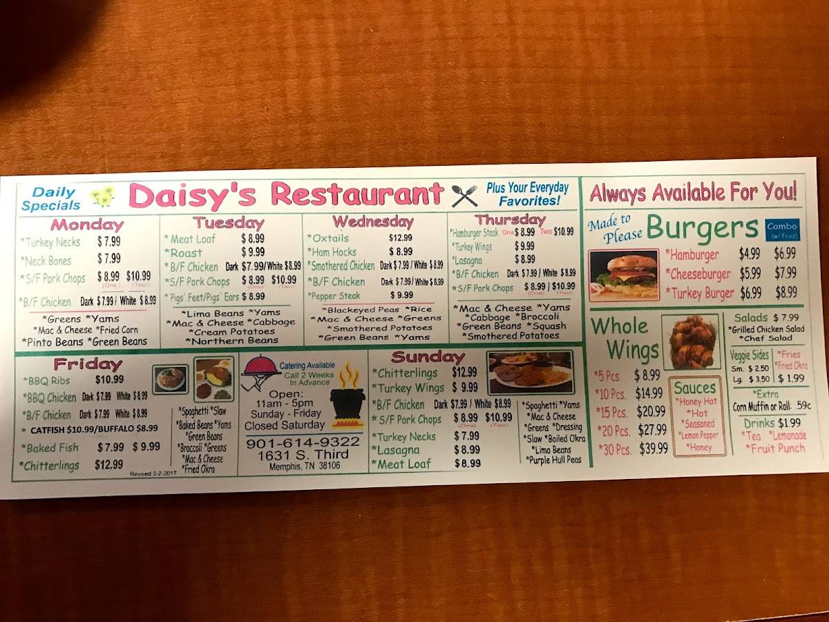 Menu at Daisy's Restaurant, Memphis, S 3rd St