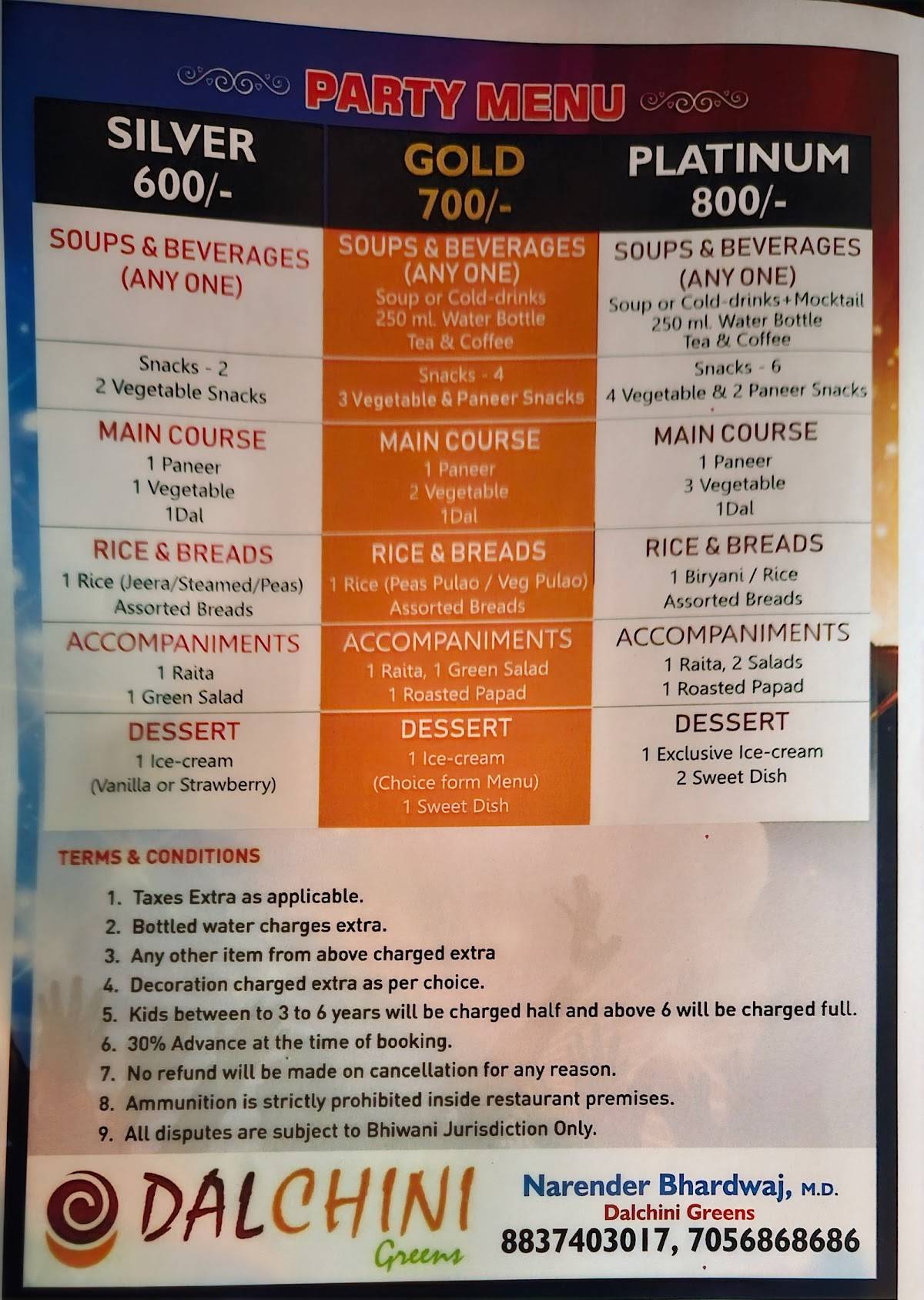 Dalchini Greens Restaurant menu