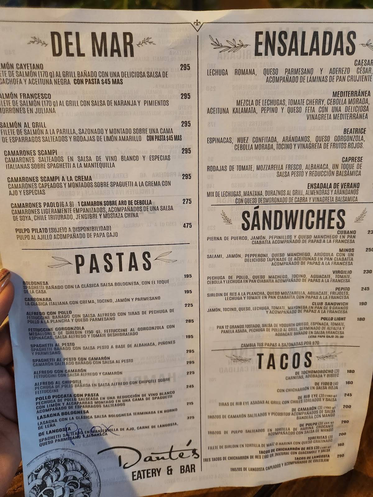 Menu at Dante's Eatery & Bar, Nogales