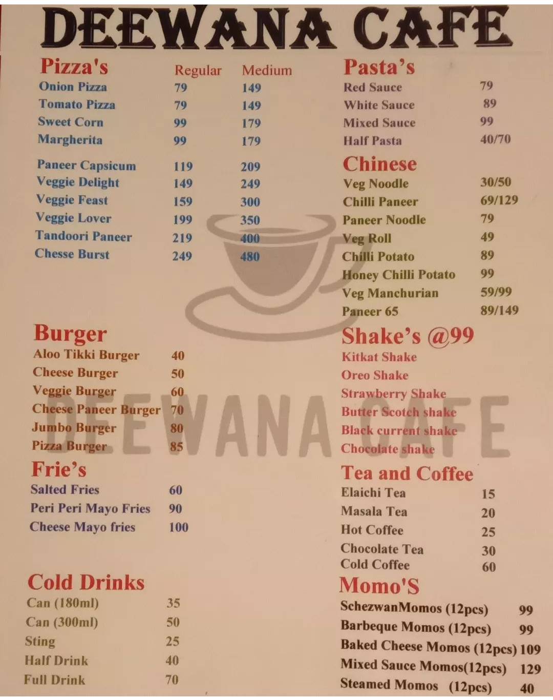 Deewana Cafe menu
