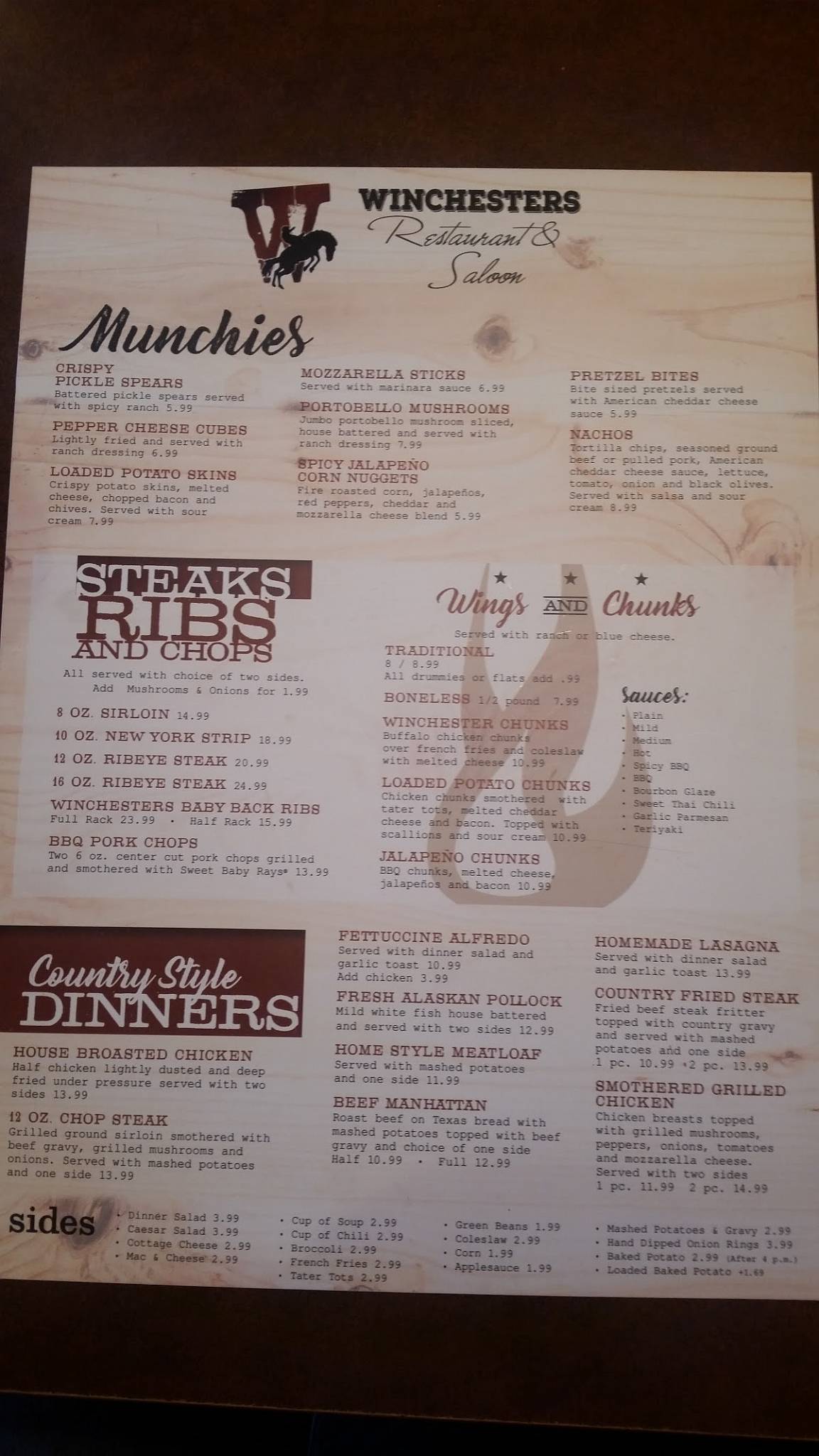 Menu at Winchesters Restaurant and Saloon, Delta