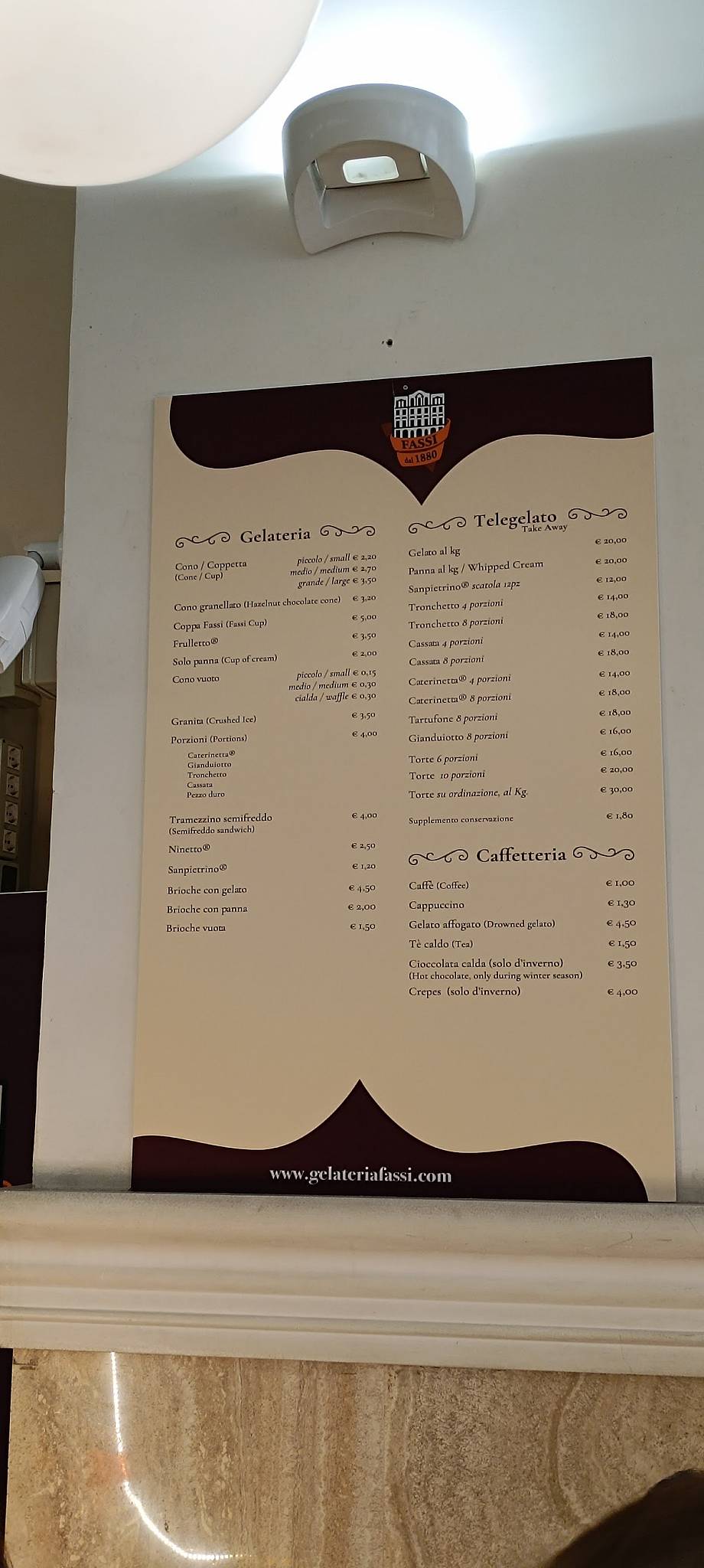 Menu di Gelateria Fassi - Gelato artigianale a Roma dal 1880 
