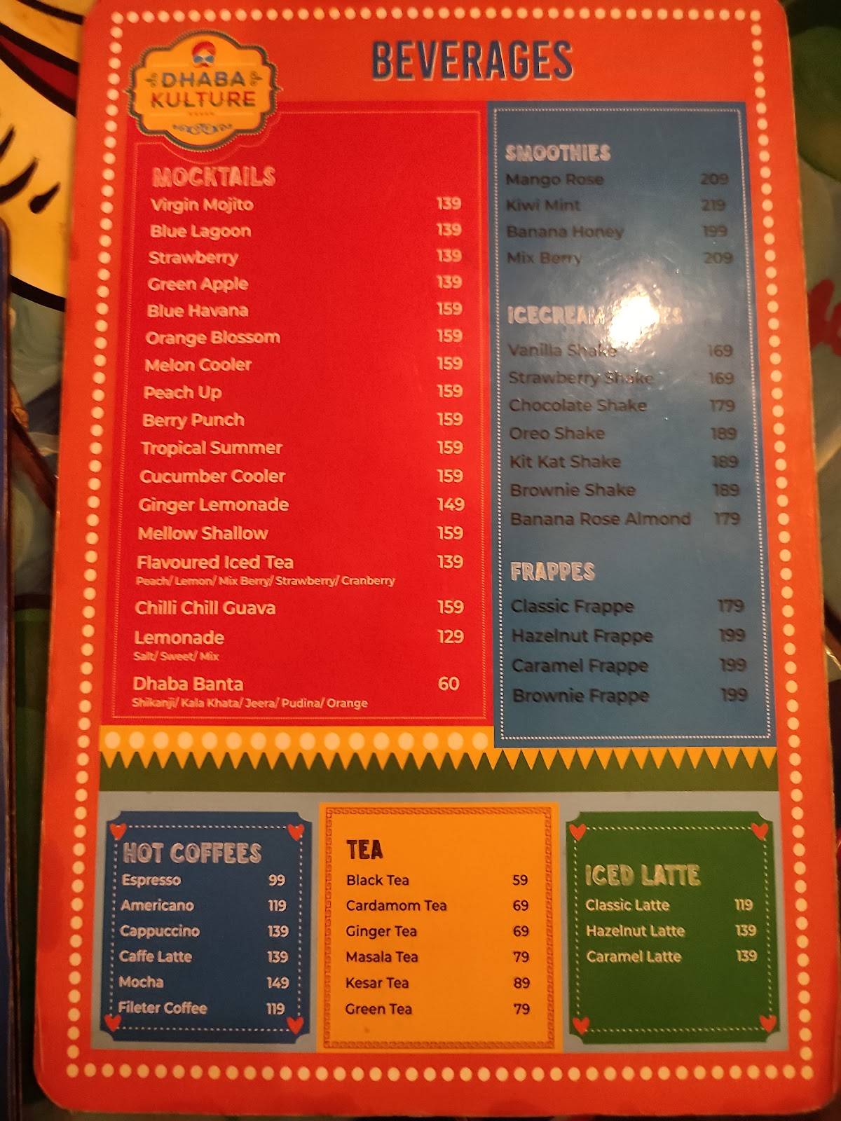 Dhaba Kulture Family Restaurant Banquet Halls Vegetarian Restaurant menu
